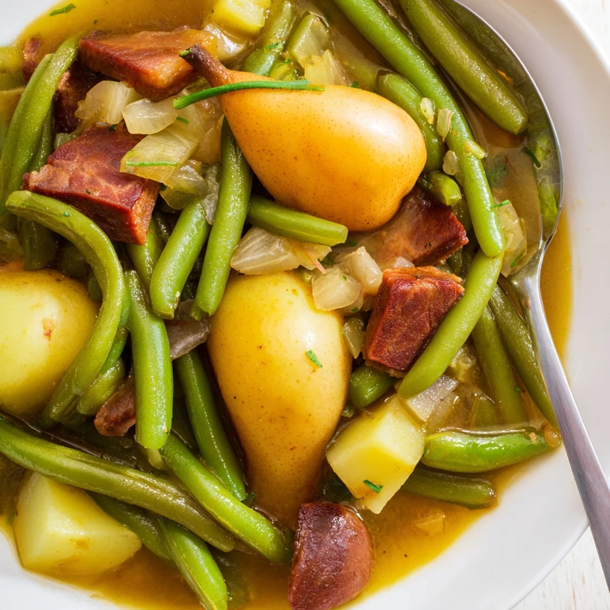 Saftige Birnen, grüne Bohnen und knuspriger Speck in einem köstlichen deutschen Rezept.  