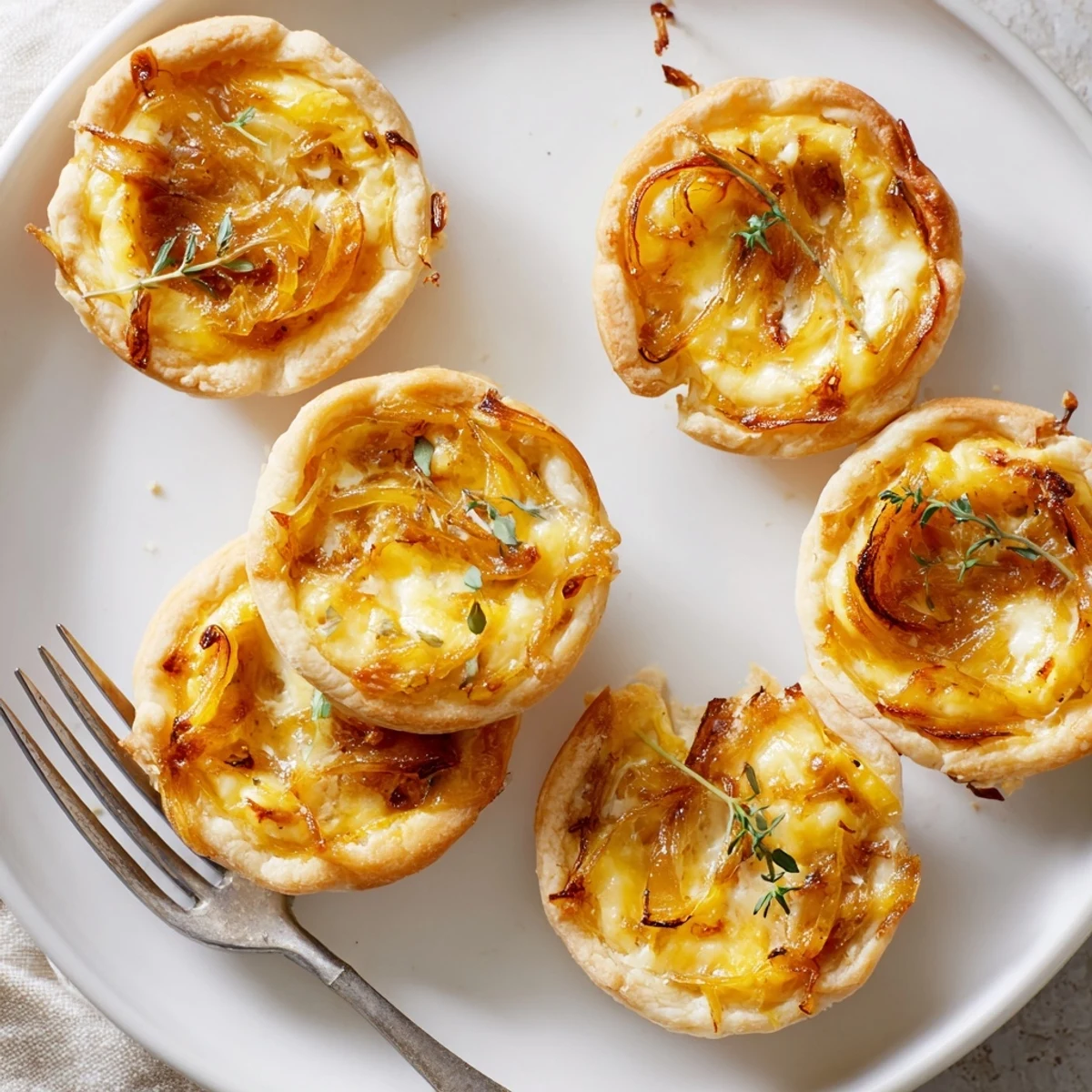 Herzhafte Mini Zwiebel-Törtchen, warm serviert, ideal für gesellige Abendessen.