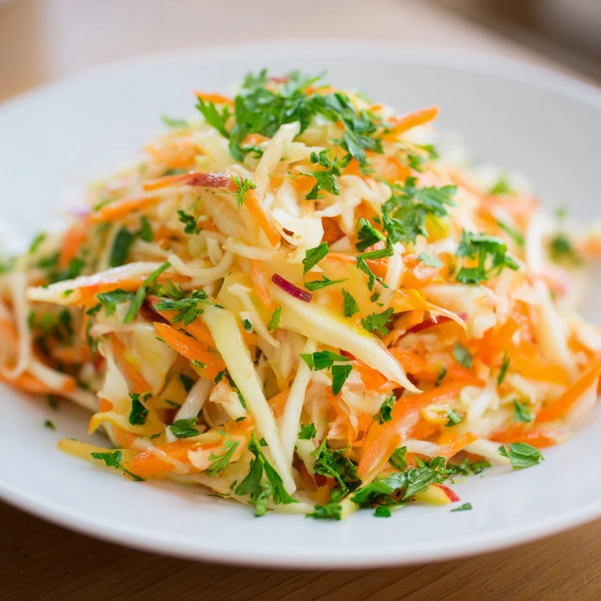 Frischer Sauerkraut-Salat mit knackigen Äpfeln und Karotten für einen gesunden Snack.  