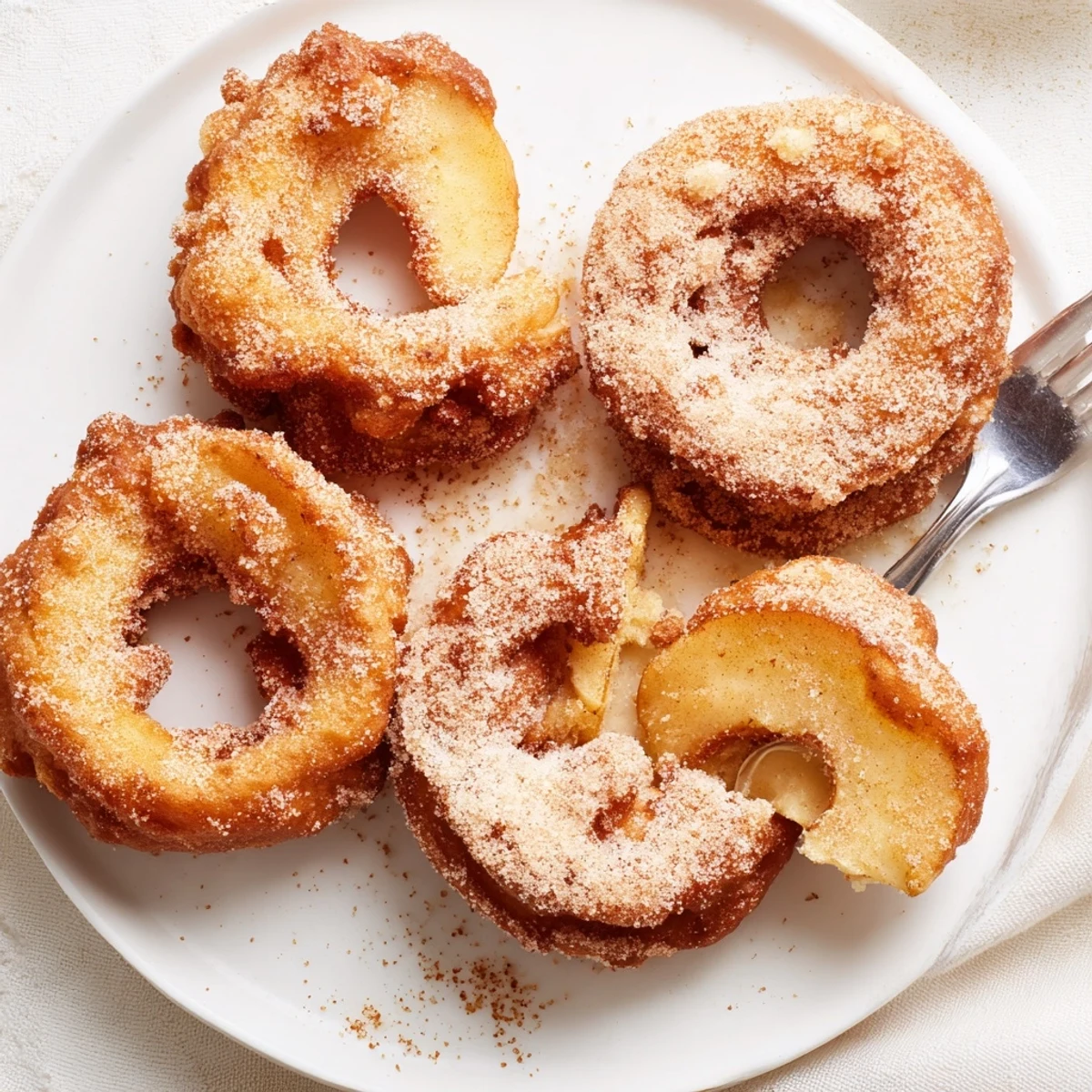 Saftige Apfelringe in zartem Teig, verziert mit Puderzucker und Zimt.