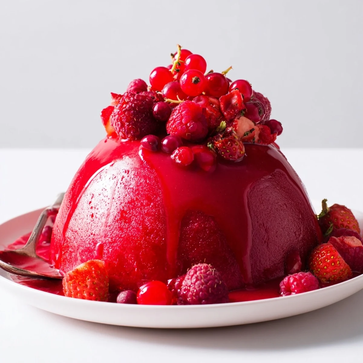 Lebendiger roter-Beeren-Pudding, perfekt für heiße Sommertage mit Früchten garniert.