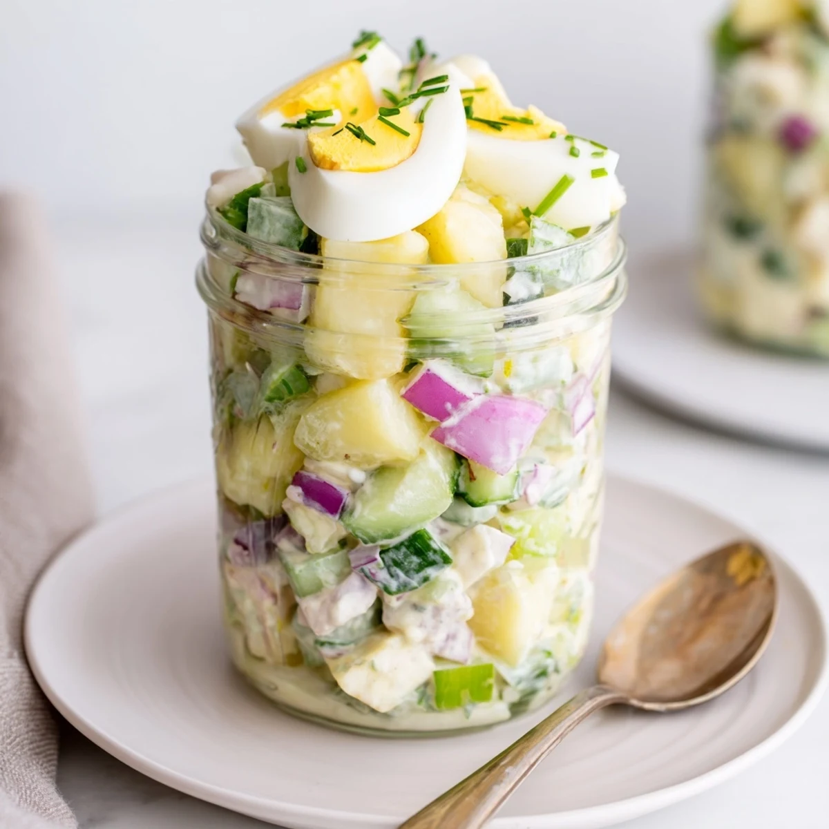 Frischer Kartoffelsalat im Glas, ideal für Picknicks und einfache Mittagessen.