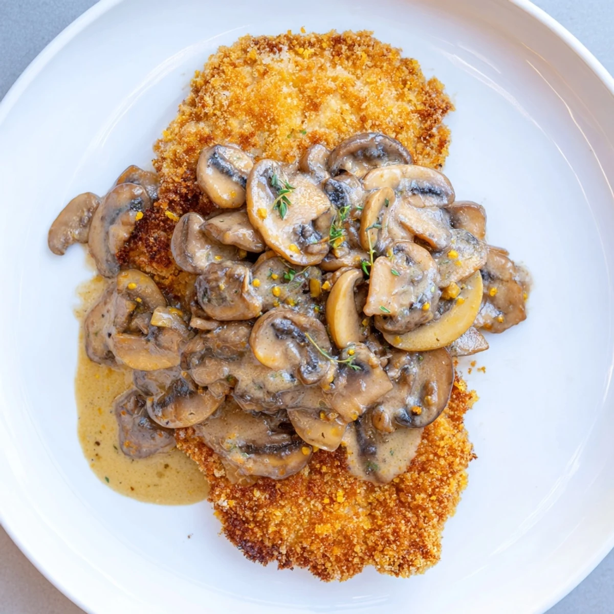 Golden-brown Jaeger Schnitzel with creamy mushroom gravy, perfect for a hearty dinner.