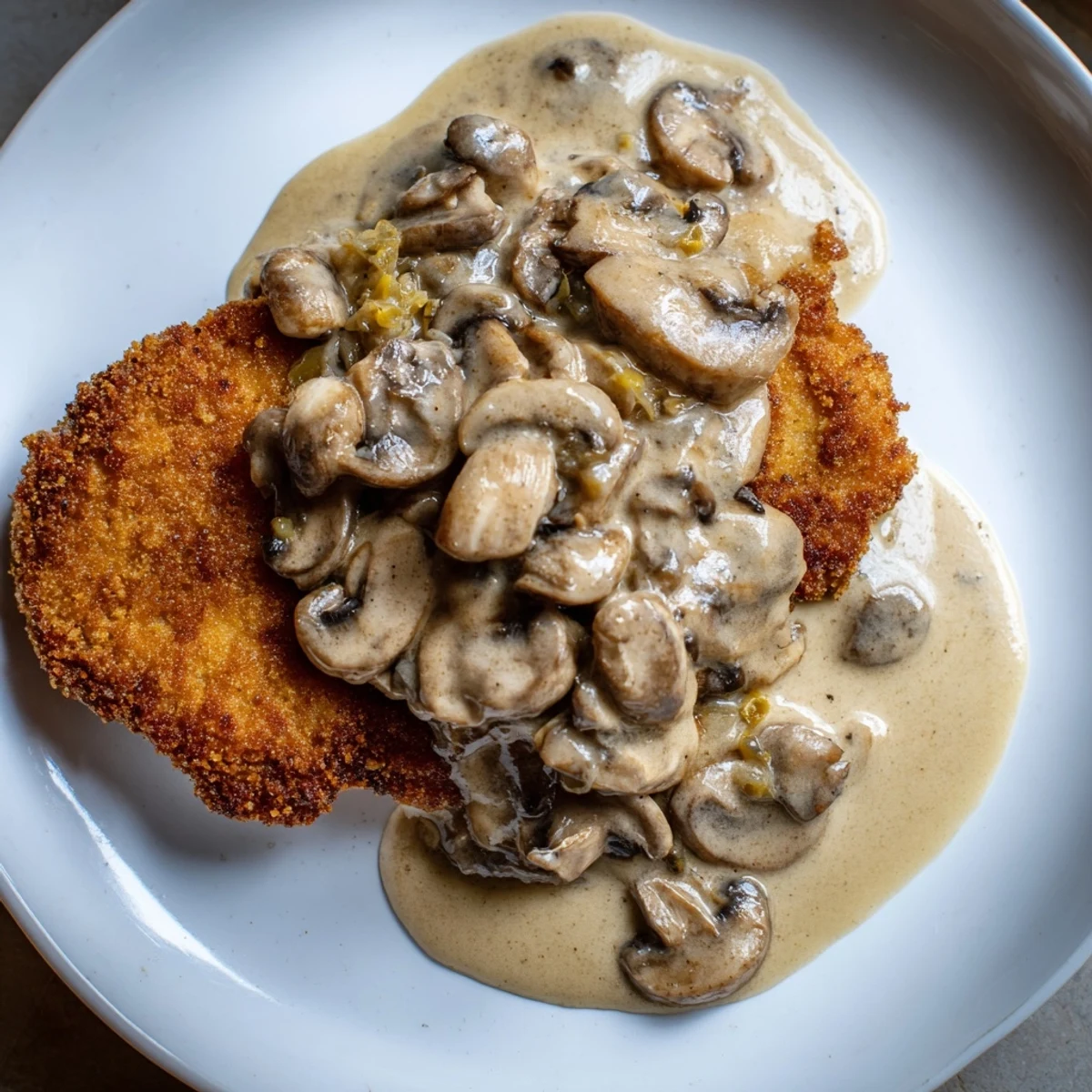 Homemade Jaeger Schnitzel with rich mushroom gravy, served hot and ready to enjoy!