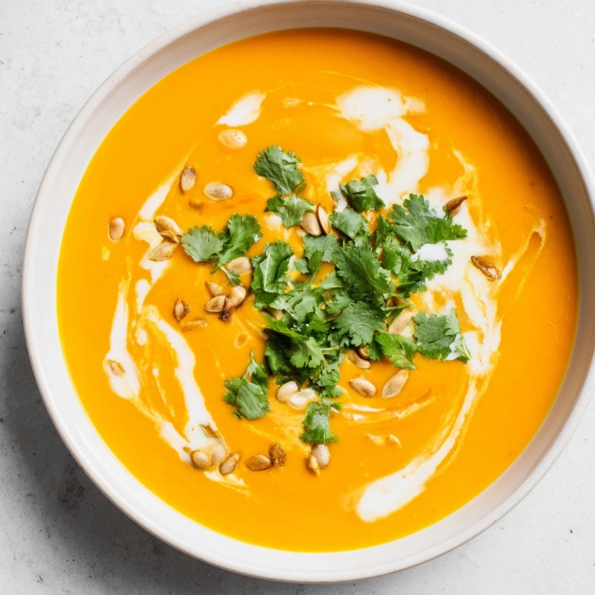 Creamy sweet potato and carrot soup ready to serve, garnished with fresh herbs and toasted seeds.