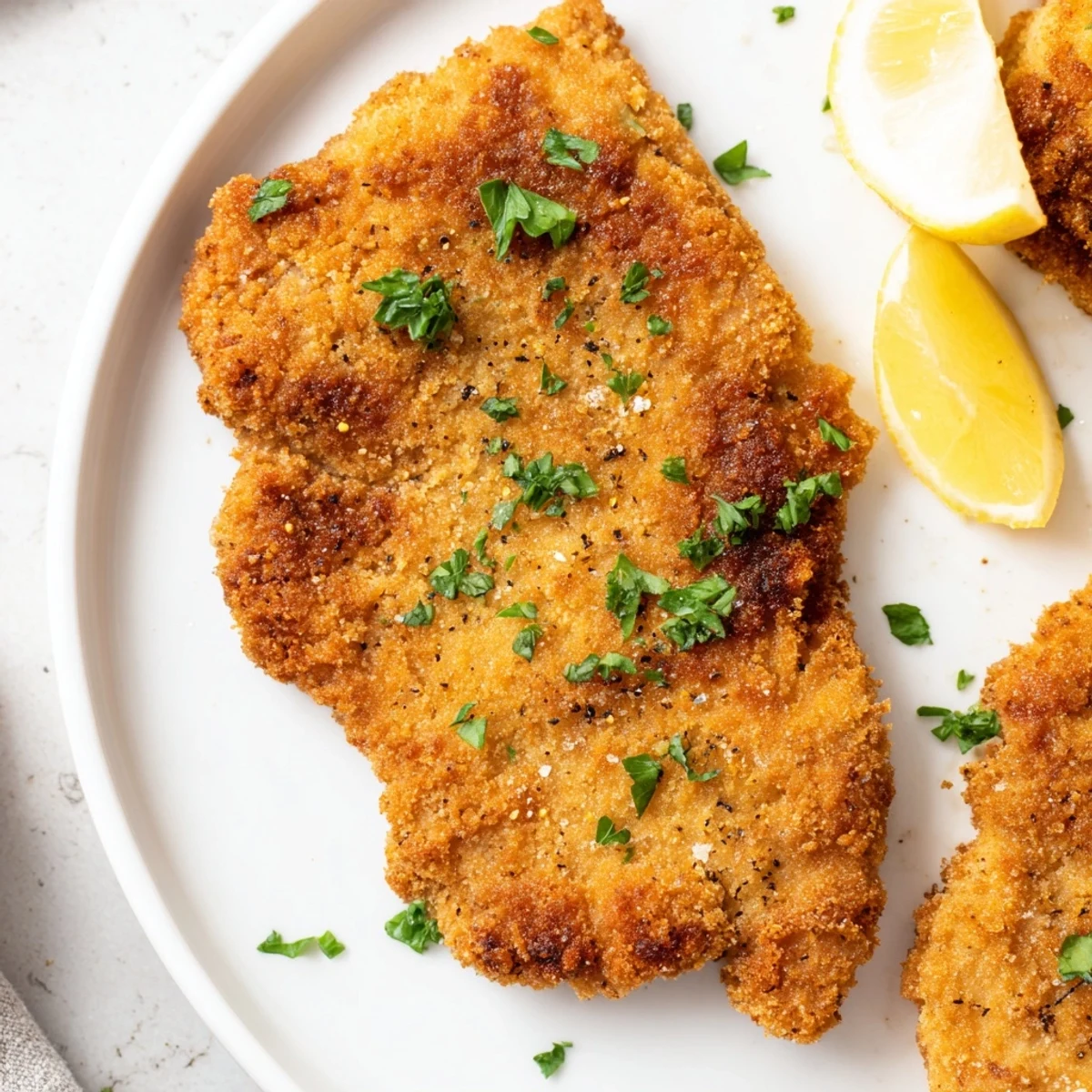 Golden and crispy air fryer Wiener Schnitzel, ready to serve with lemon wedges and fresh parsley.