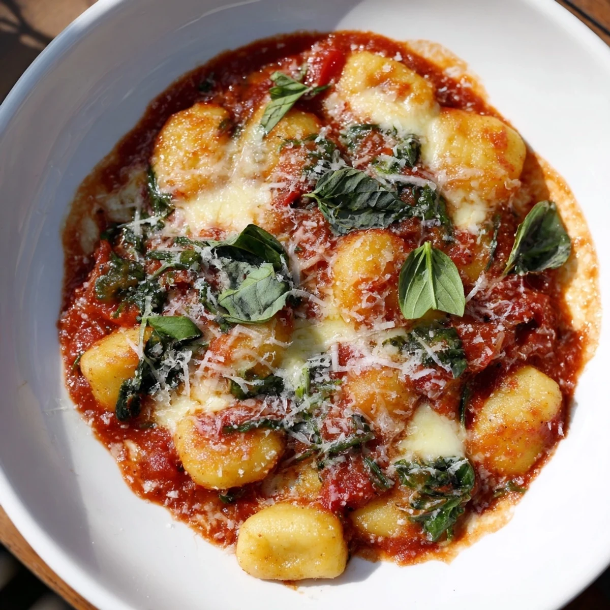 Golden brown, oven-baked potato gnocchi swimming in a rich tomato sauce, ready for serving.