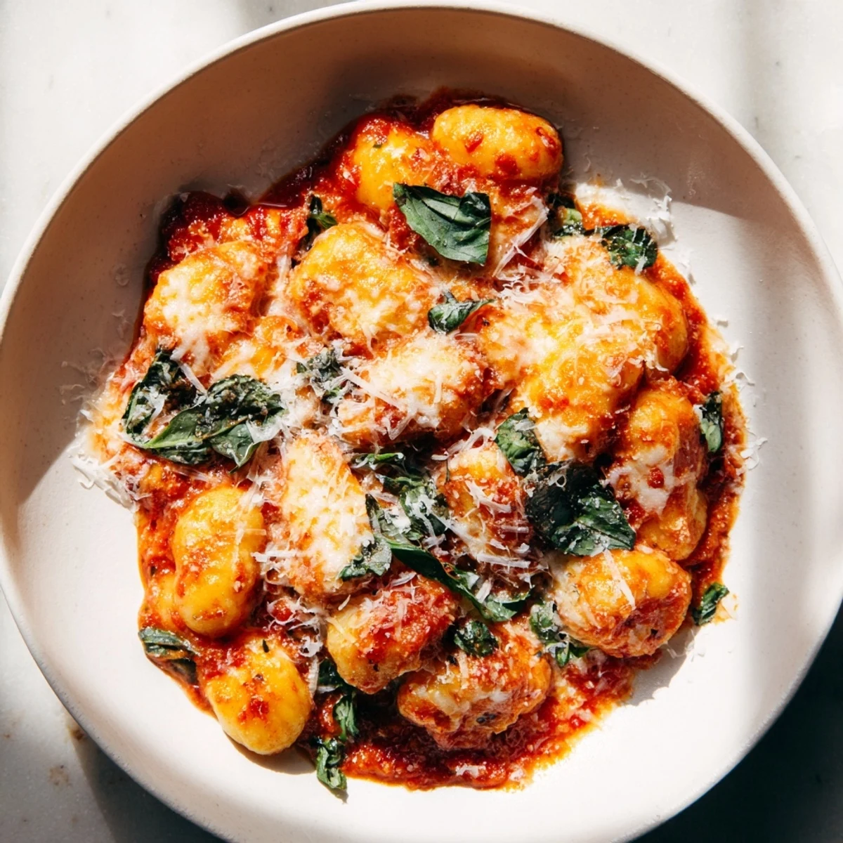 Freshly baked potato gnocchi with bubbly mozzarella and vibrant tomato sauce, a hearty meal.