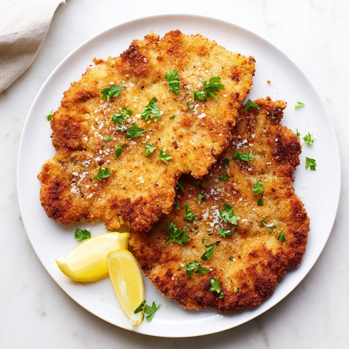 A plate of fresh, hot schnitzel-style cutlets, showcasing perfectly golden breading and savory meat.