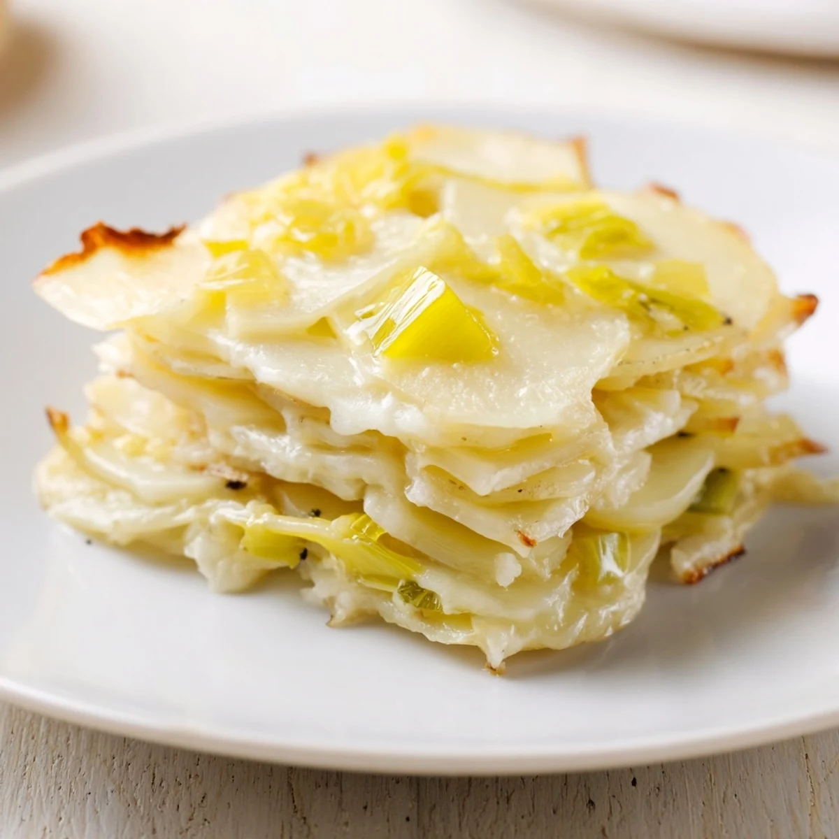 Creamy Potato and Leek Oven Gratin with bubbly cheese and golden crust, ready to serve.