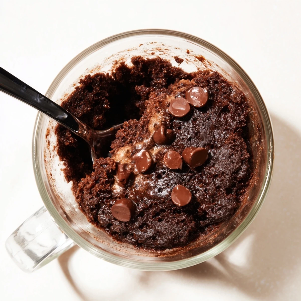 A warm Mug Cake Schokolade, a perfectly risen single-serve dessert with optional chocolate chips.