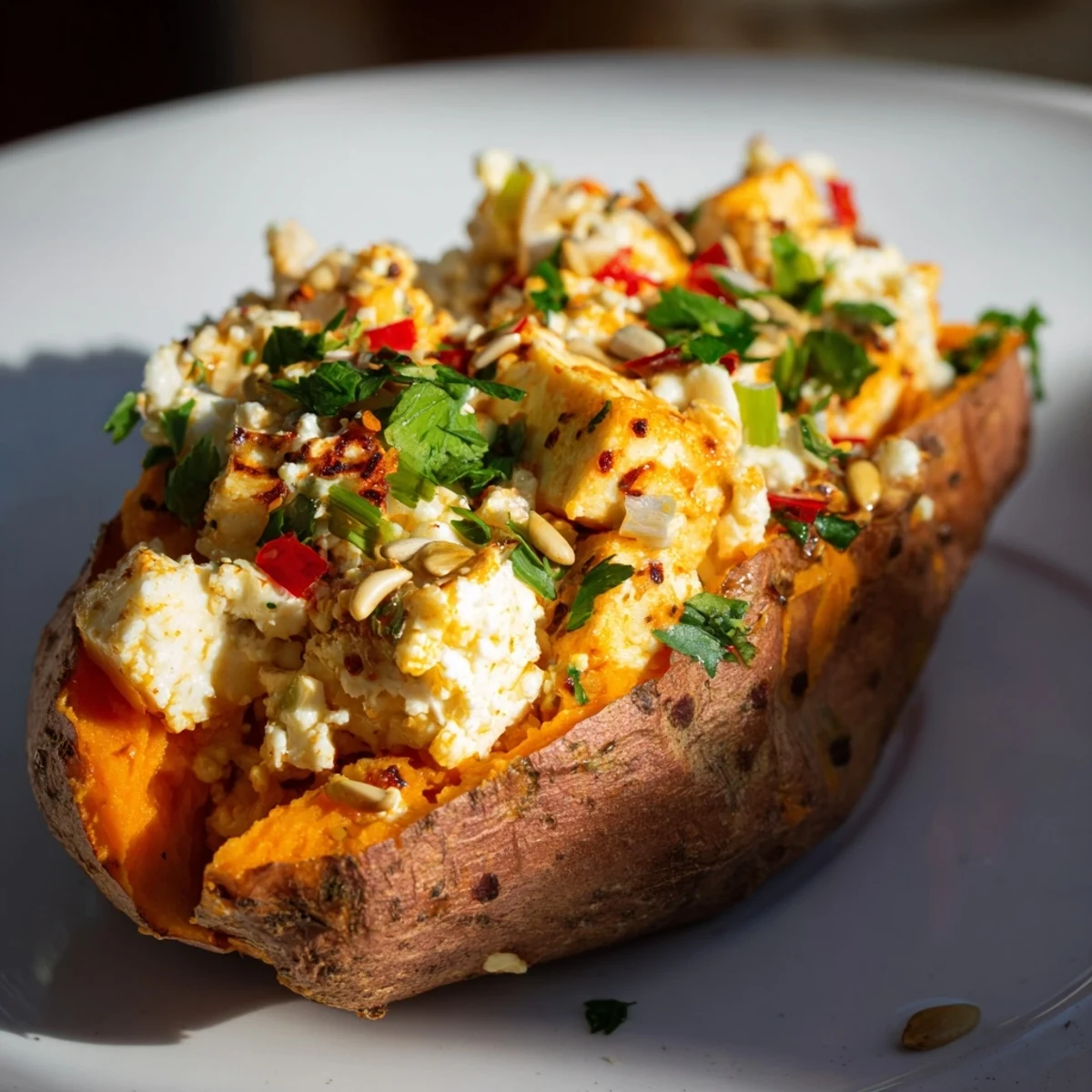 A warm, baked sweet potato stuffed with creamy cottage cheese and fragrant herbs is ready to serve.