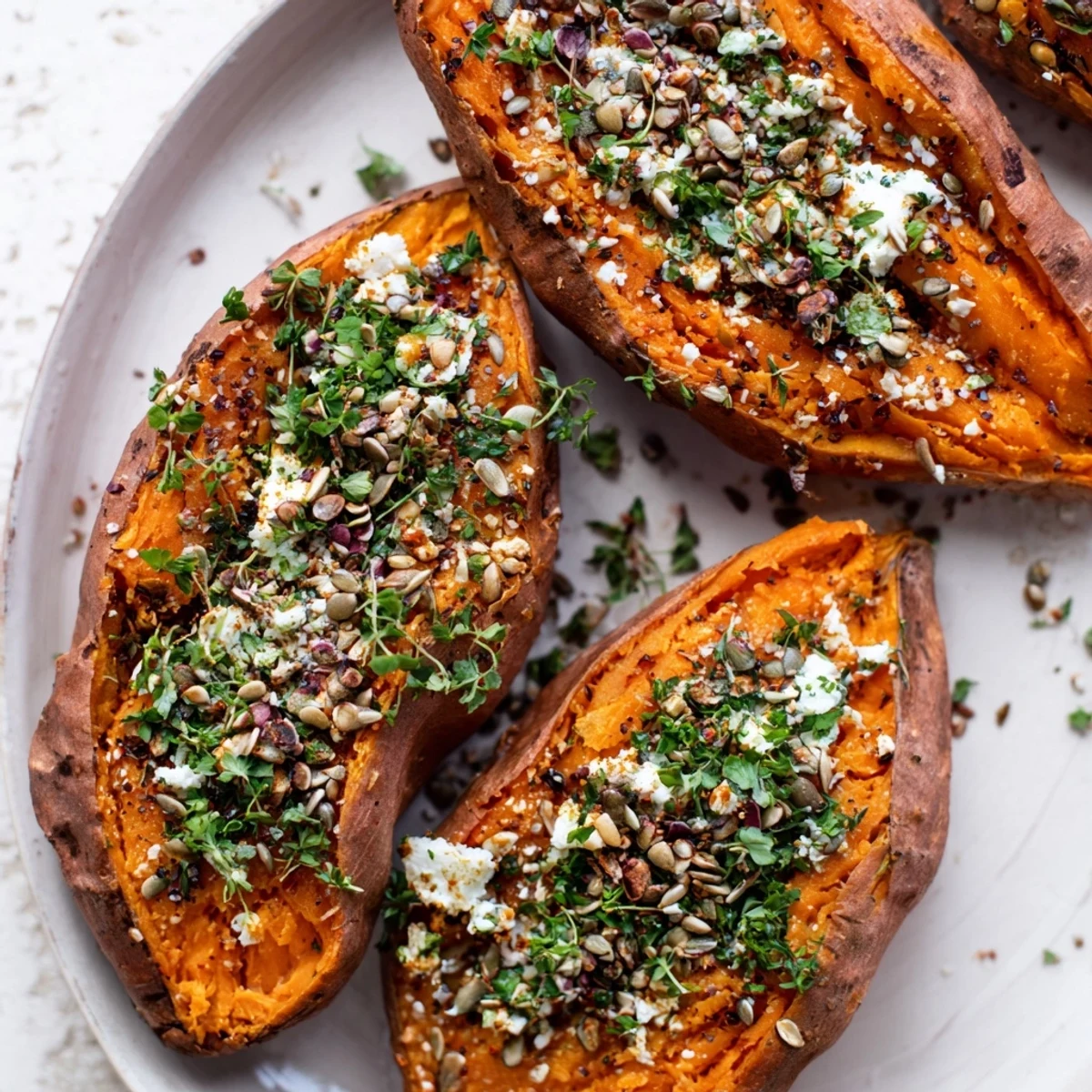 Oven-baked sweet potatoes, cut open and filled with cottage cheese, herbs, and pumpkin seeds look delicious.