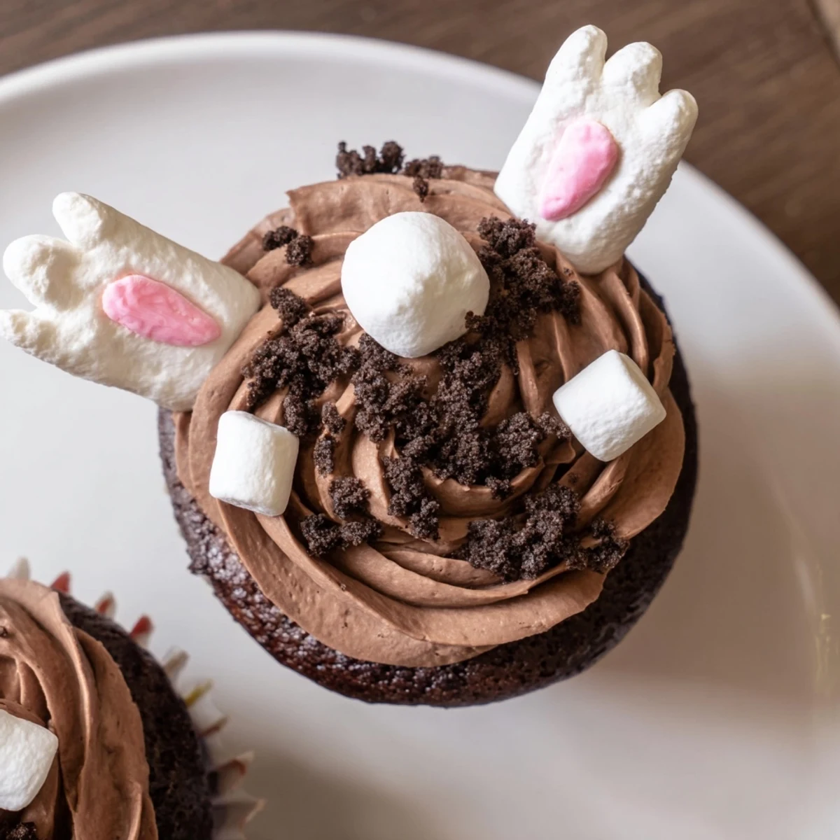 Fuzzy bunny feet peek from the chocolate buttercream on these Bunny Burrow Cupcakes.
