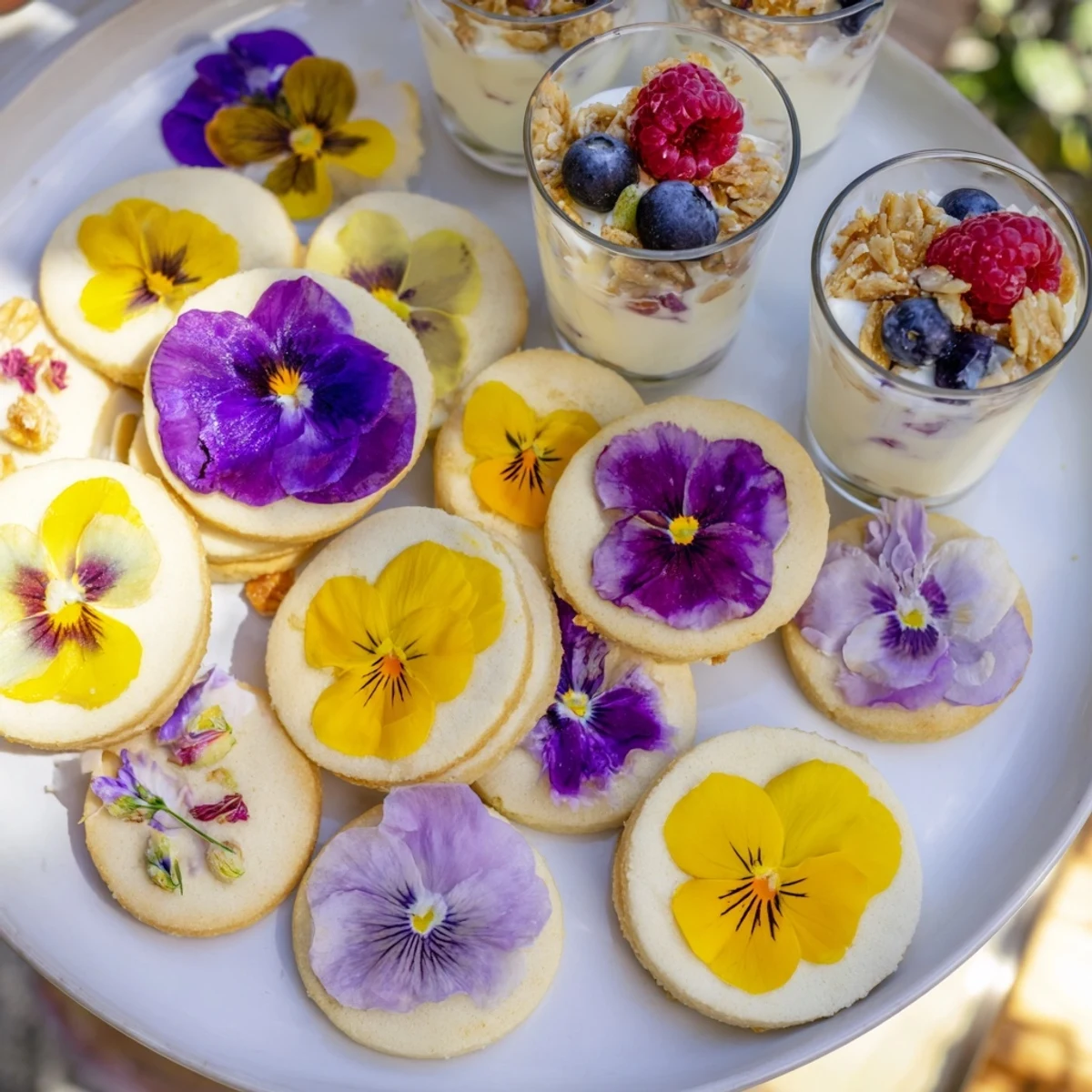 A close-up of the Spring Flower Dessert Tray shows vibrant cookies, cakes, and parfaits ready to serve.
