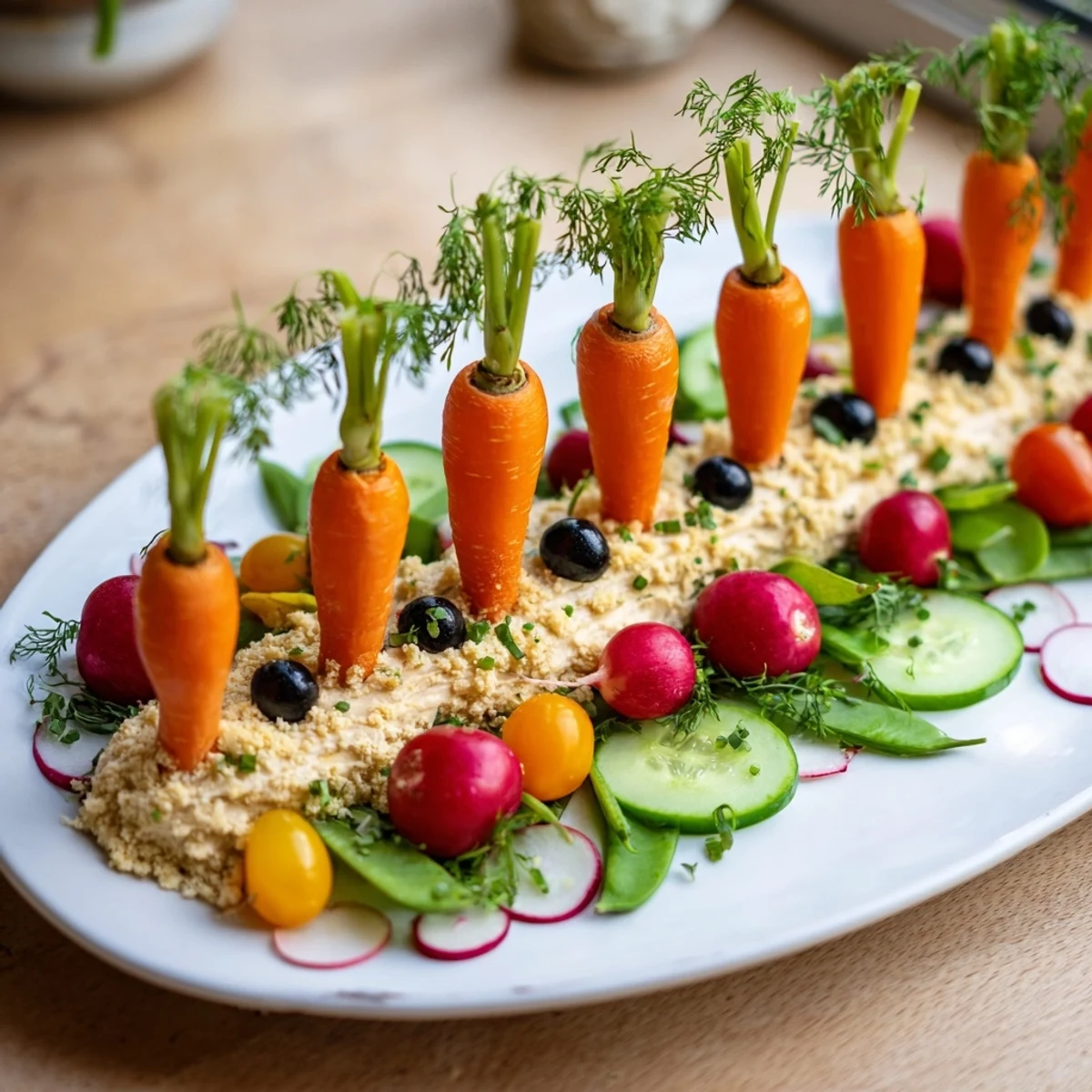 A vibrant Carrot Patch Veggie Board, with carrots rising from a hummus soil dip, perfect for snacking.