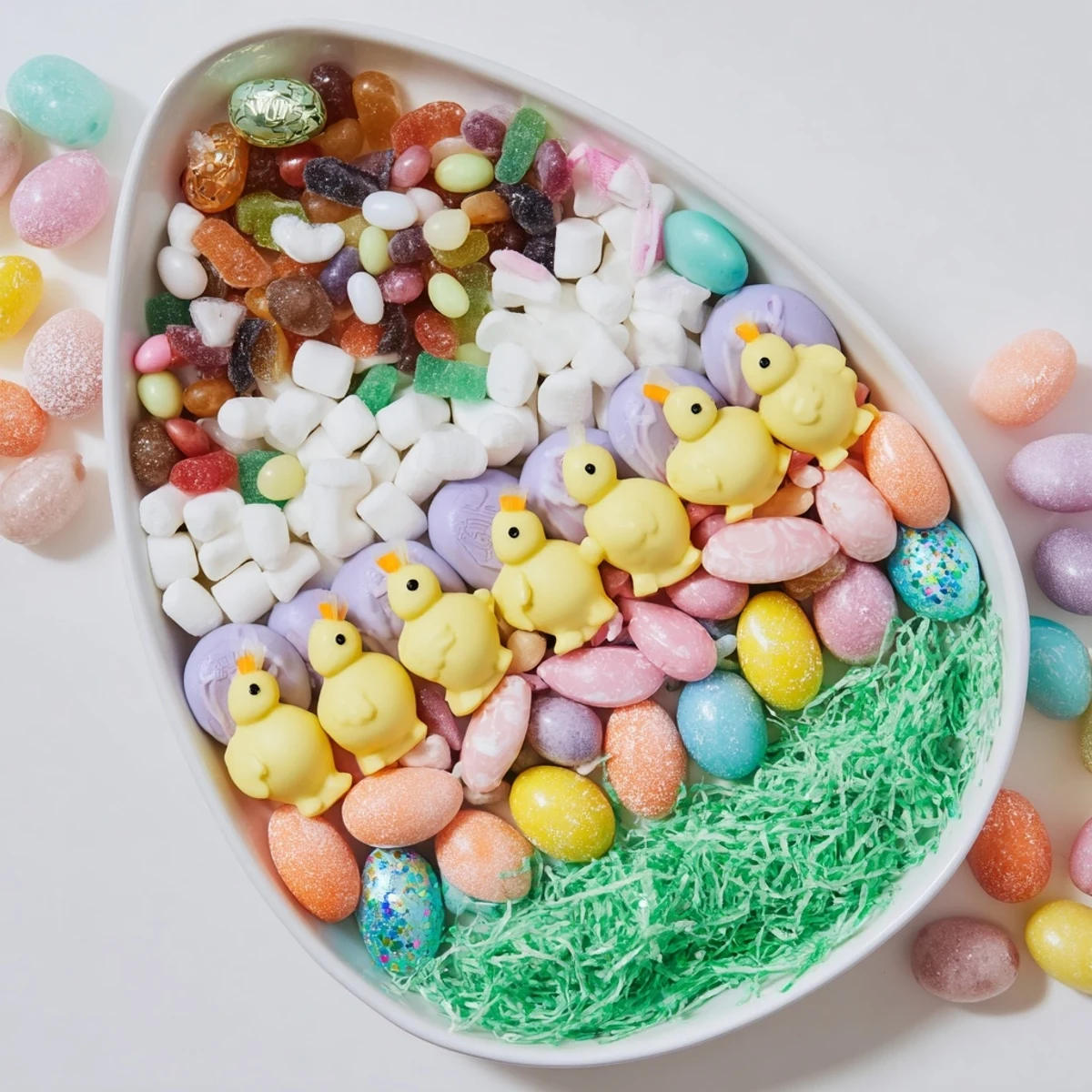 A vibrant Egg-Shaped Candy Platter overflowing with colorful candies for a festive Easter treat.