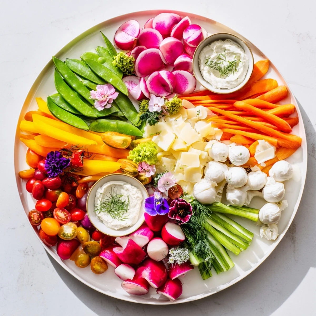 Vibrant Spring Wreath Appetizer Platter showcases a lovely arrangement of cheeses, meats, and colorful seasonal fresh vegetables.