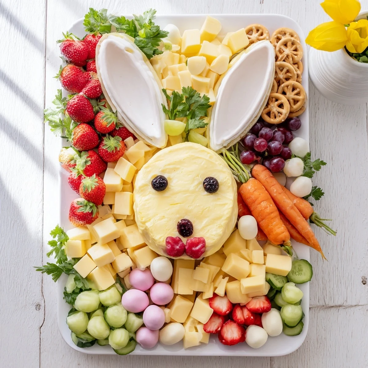 A close-up of a festive Bunny Ears Easter board with cheeses, carrots, and sweet Easter treats galore.