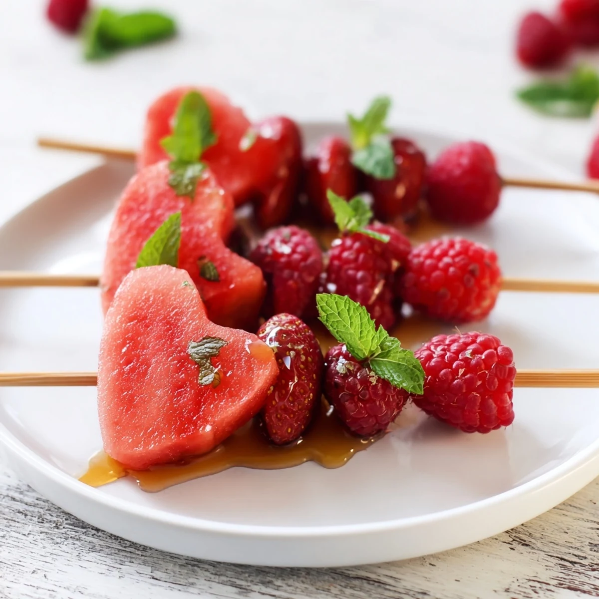 Vibrant red heart fruit skewers arranged on a platter, ready to be enjoyed as a refreshing dessert.