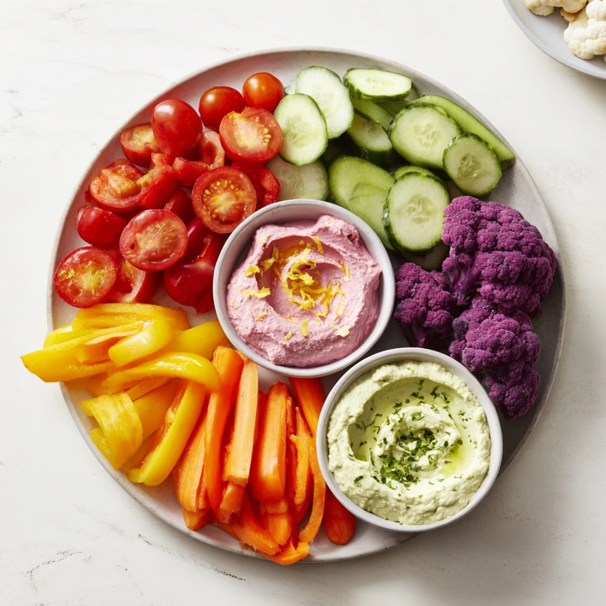 Vibrant rainbow vegetable dips platter with colorful, fresh vegetables and creamy homemade dips.