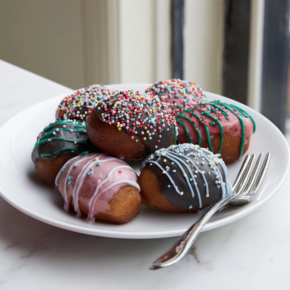 Homemade Christmas Ornament Beignets, dusted with powdered sugar and ready for a sweet dessert feast.