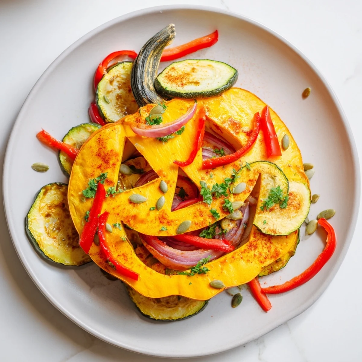 Roast pumpkin lantern plate, a vibrant Halloween appetizer with colorful roasted vegetables.