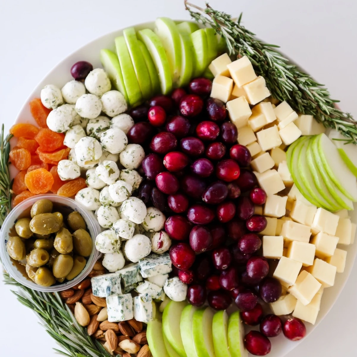 Colorful Cranberry Joy Tree Board with rosemary, arranged as a beautiful holiday appetizer.