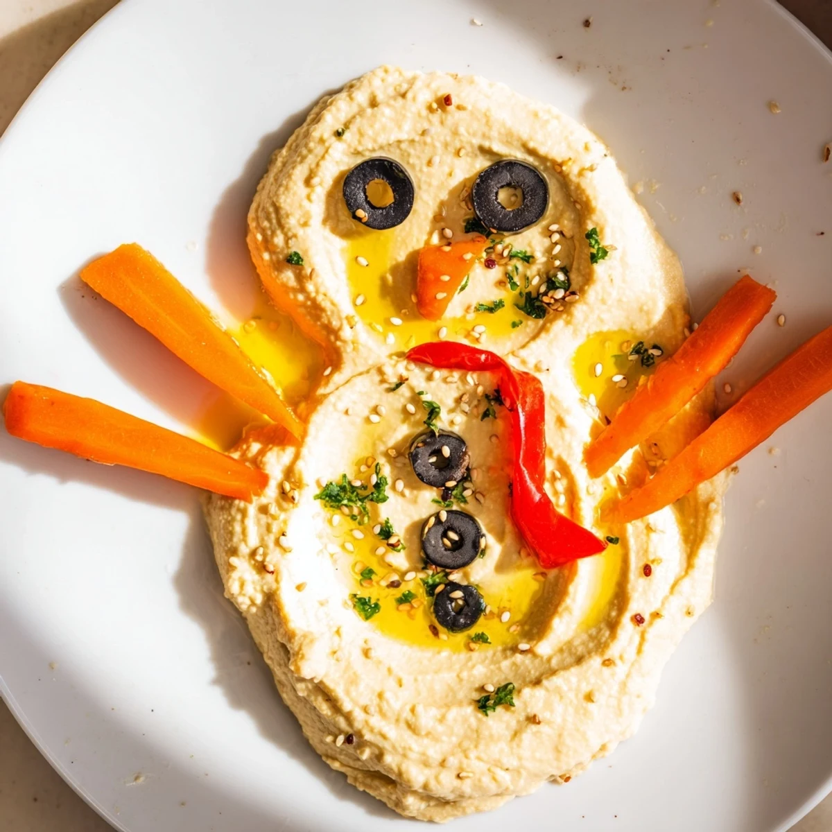 Bright red bell pepper scarf adorns this easy-to-make melted snowman hummus recipe.