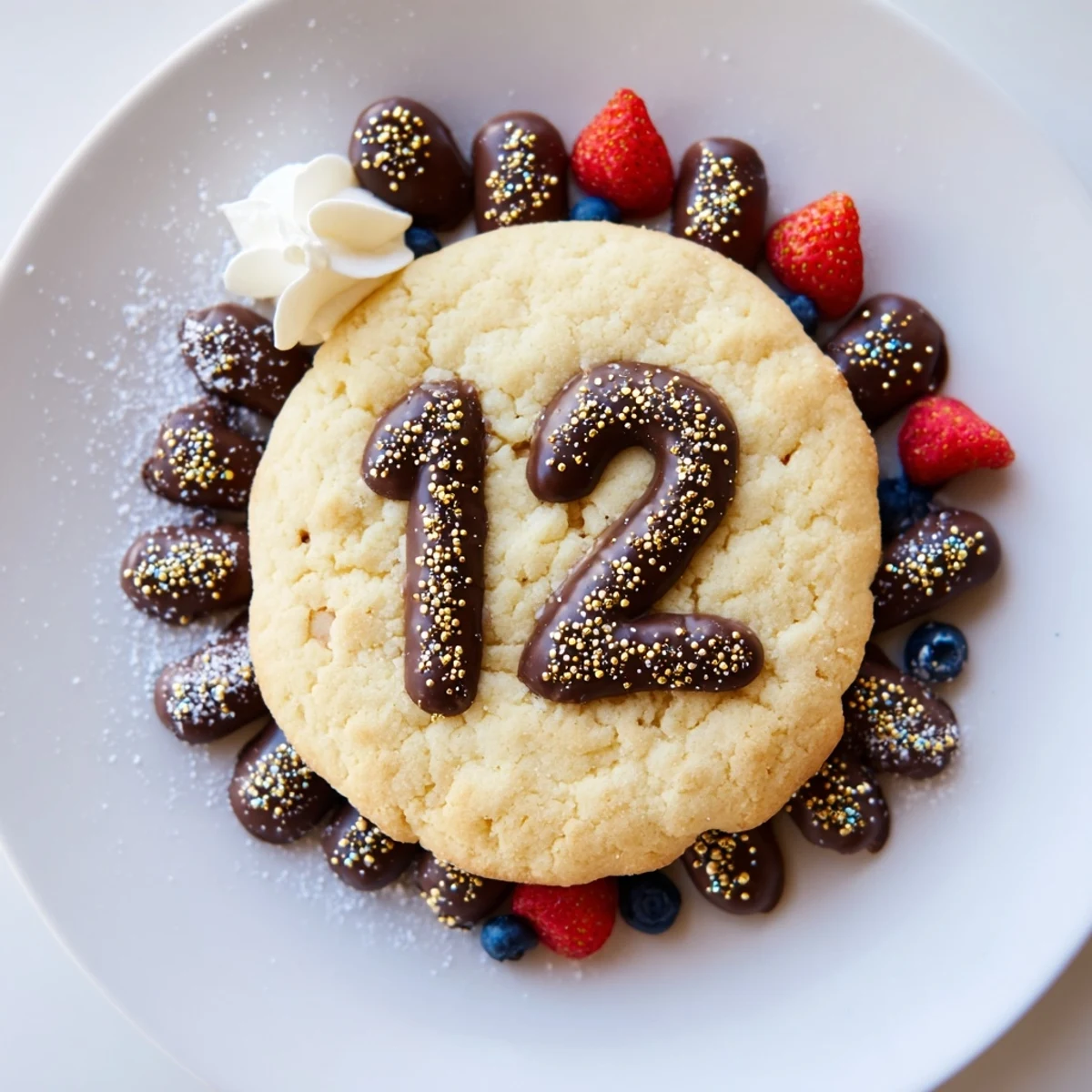 This dessert, a Sparkling Clock Countdown Platter, showcases cookies, fruits, and chocolate, perfect for midnight.