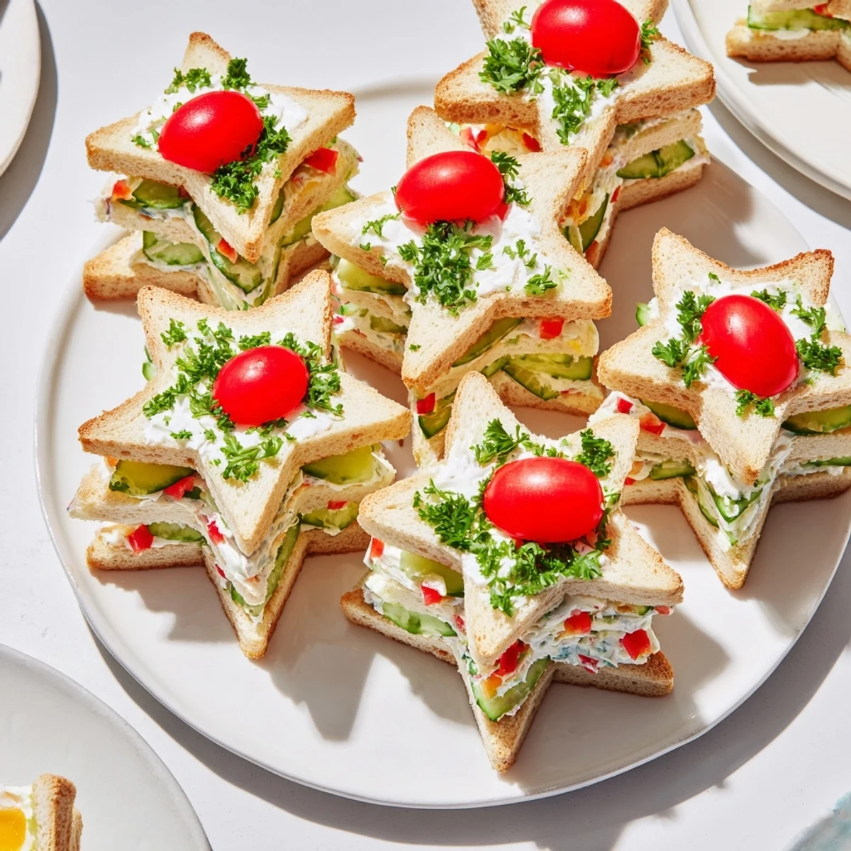 Festive Stacked Star Christmas Tree Sandwiches, with cherry tomato toppers and parsley garnish.