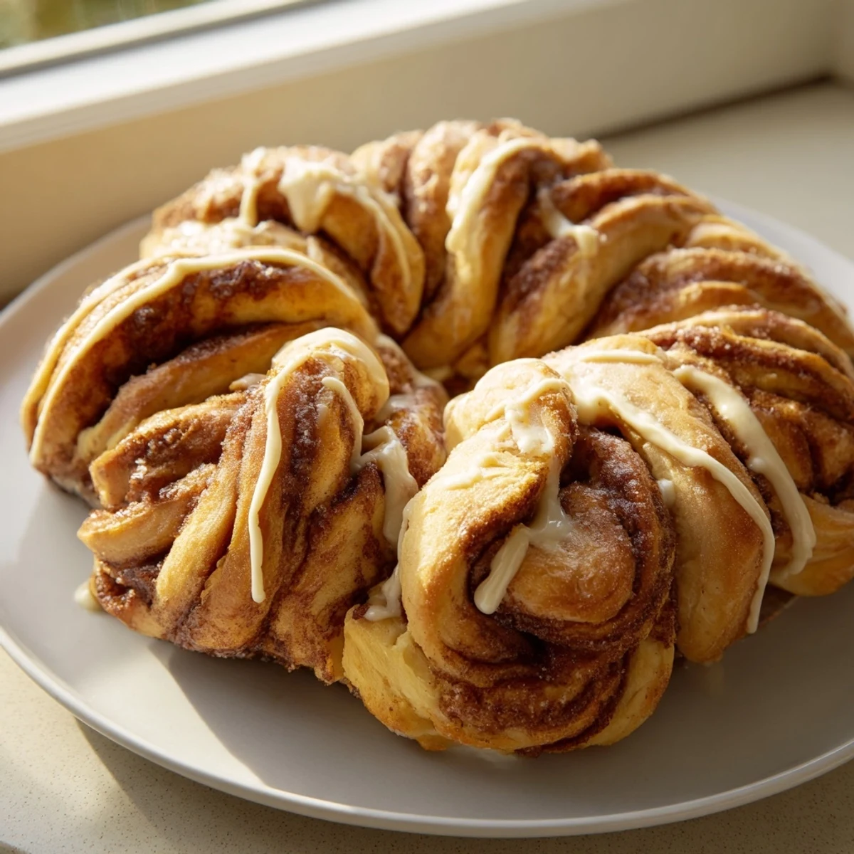 A beautifully swirled Giant Snowflake Sweet Roll Centerpiece, golden-baked and ready to be drizzled with icing.