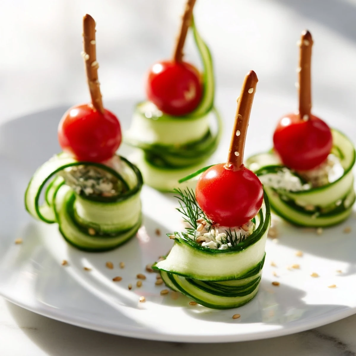 Cool, refreshing Spiral Cucumber Ribbon Christmas Trees appetizer on a platter, perfect for a holiday party.