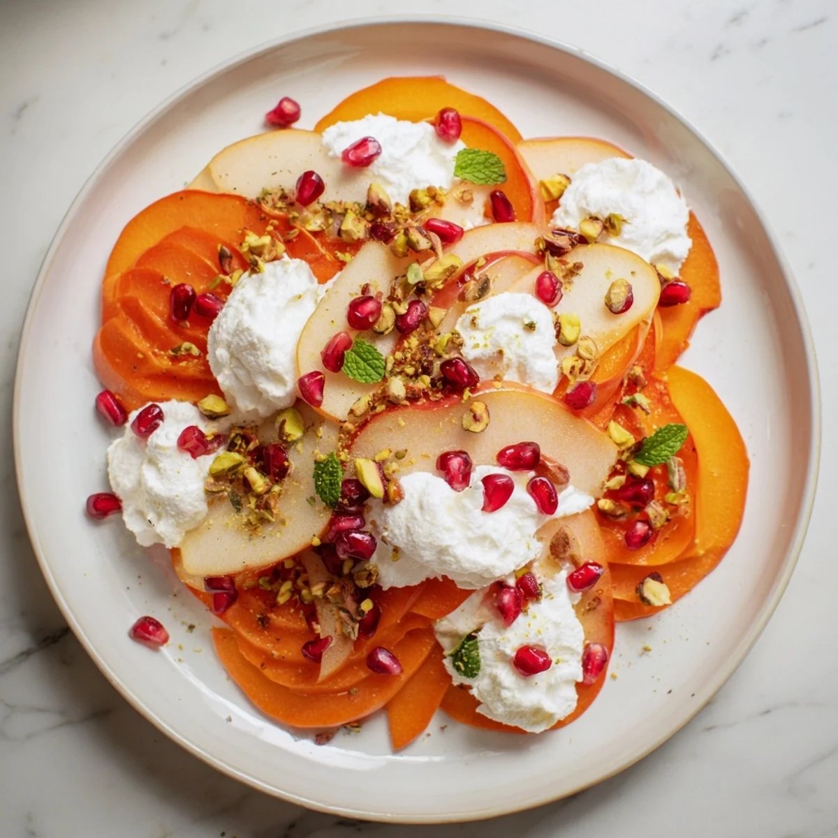A vibrant photo of Winter Fruit: Persimmon and Pear Snowscape, a refreshing winter dessert.