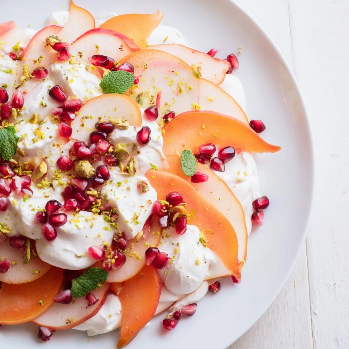 This Winter Fruit: Persimmon and Pear Snowscape offers a stunning, layered dessert landscape.