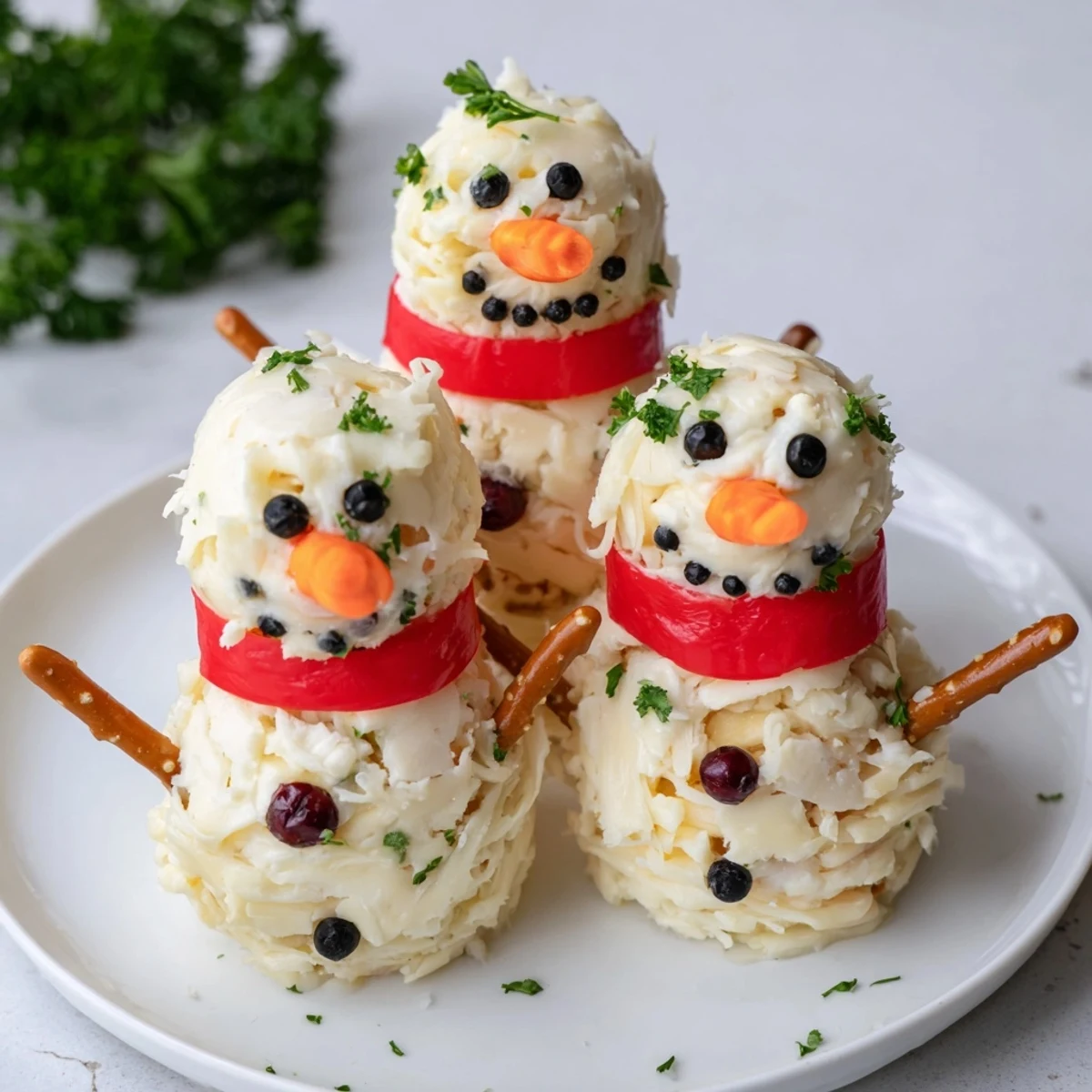 Delicious Snowman Cheese Ball Trio ready to serve, featuring creamy cheese shaped like snowmen.