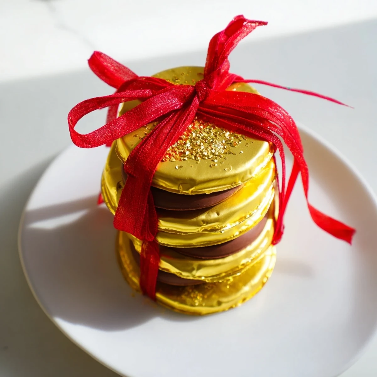 Shimmering display of chocolate gold coin stacks, perfect for a festive holiday dessert table.