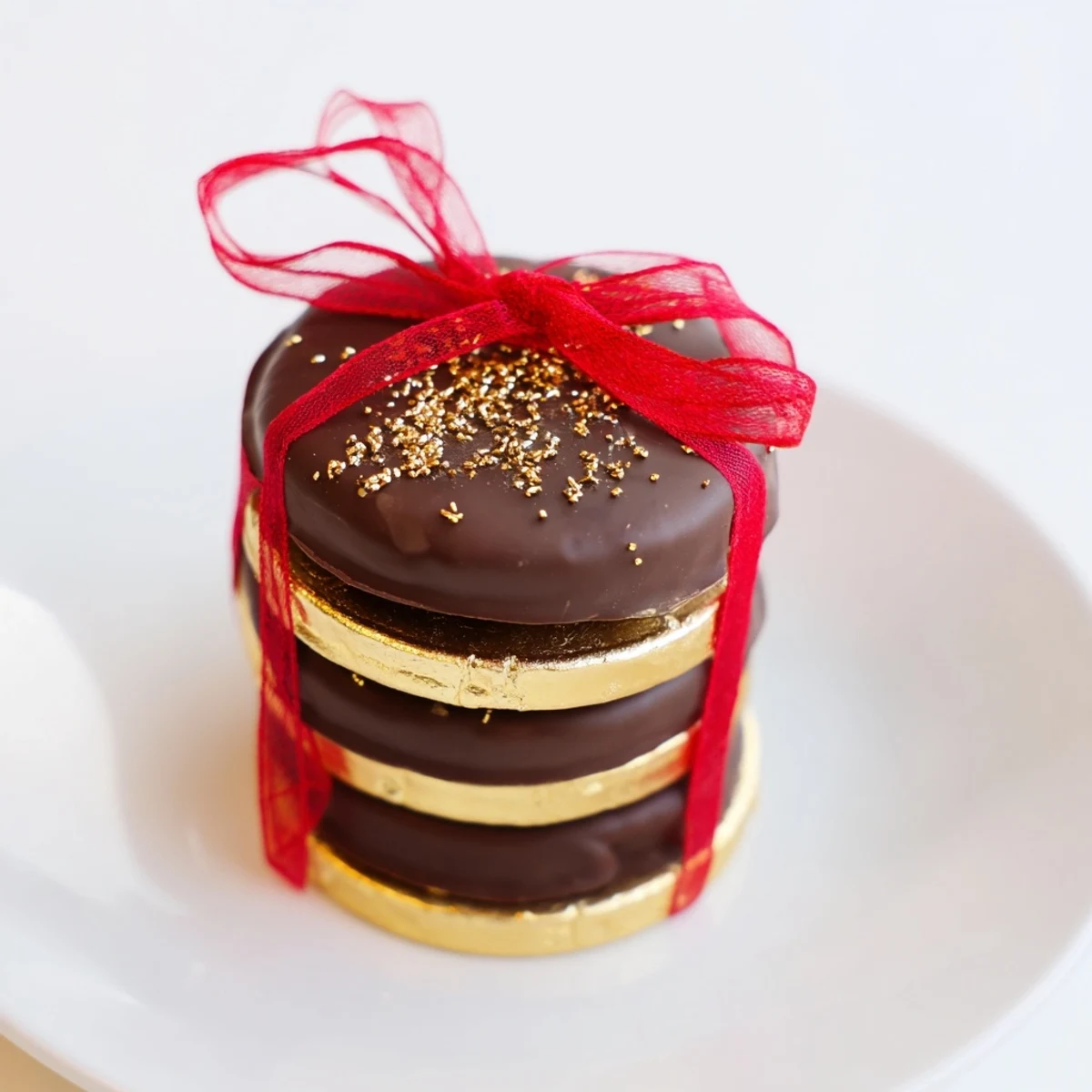 Close-up of elegant chocolate gold coin stacks, a sweet and simple edible holiday centerpiece idea.