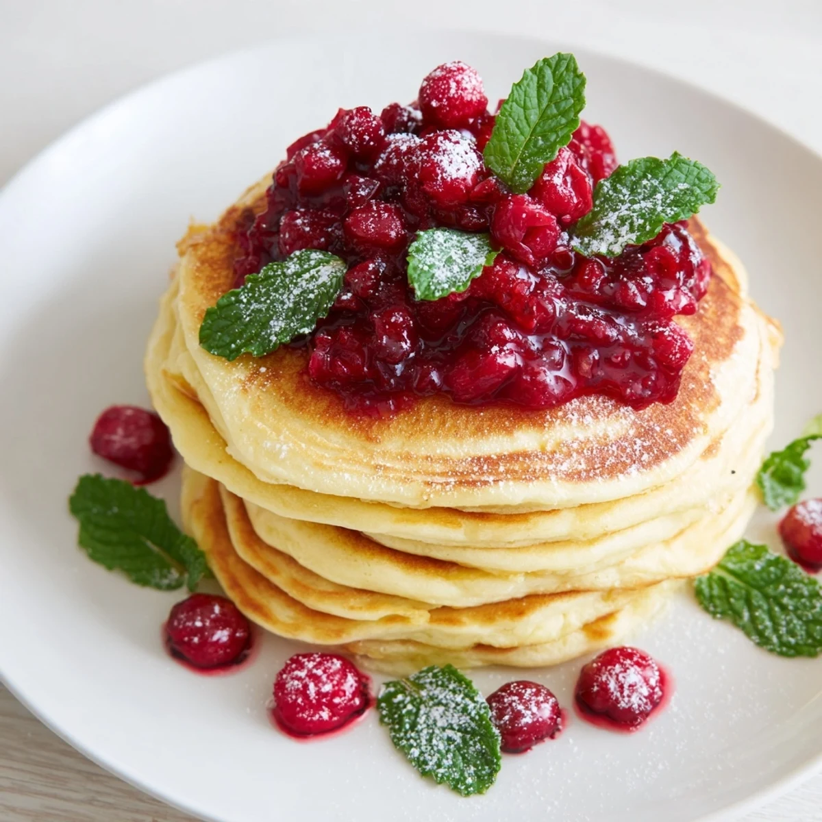 A beautiful brunch board featuring those delicious pancake stacks, topped with jewel-toned berry holly.