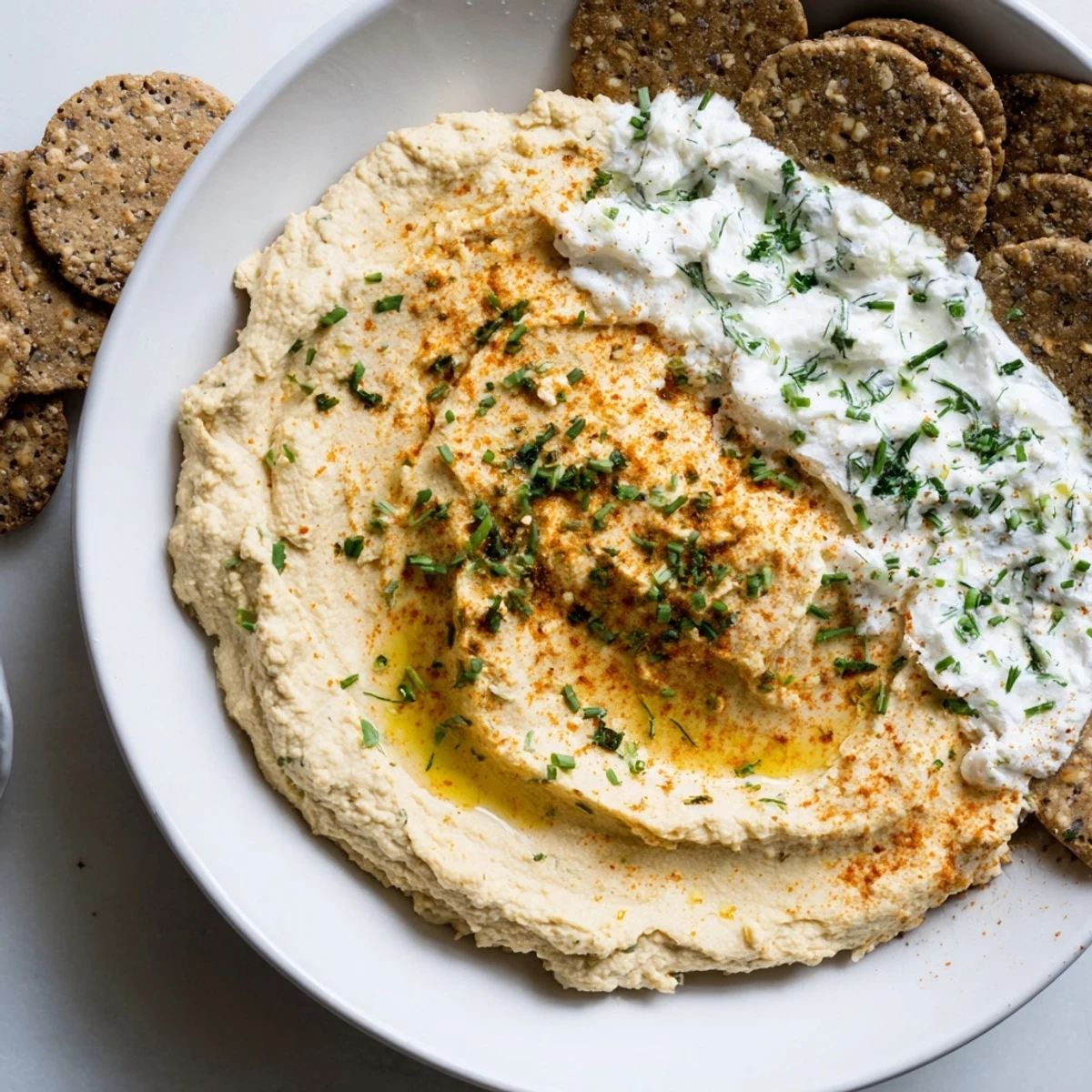 Two dip bowls, separated by crackers, shows off fresh hummus and yogurt dip for easy snacking.