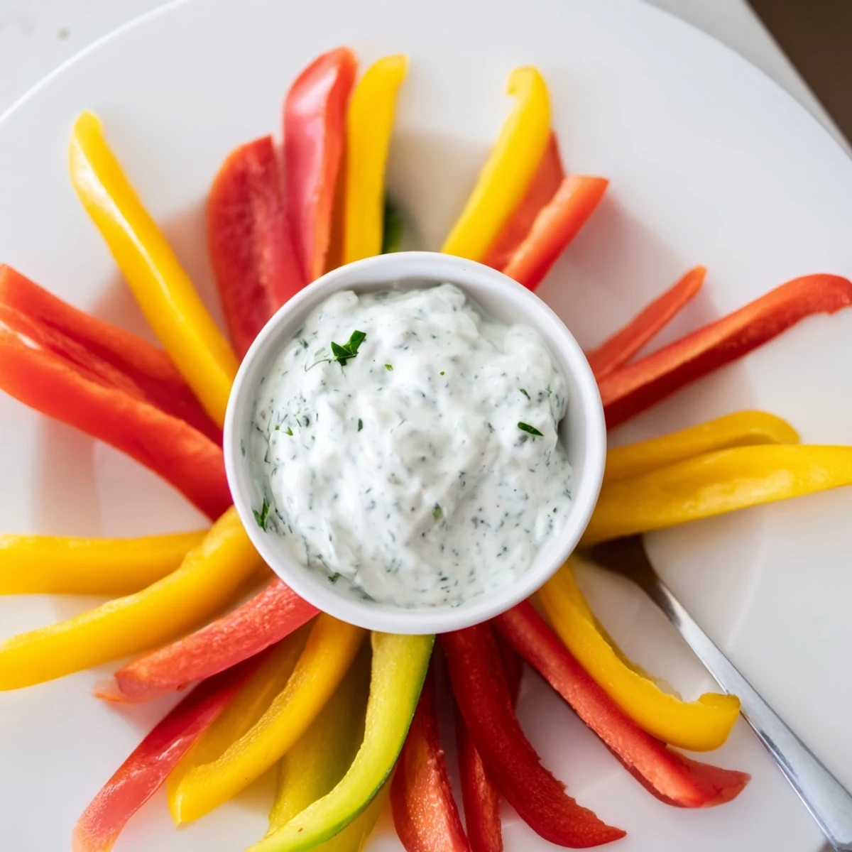 Colorful bell pepper strips and cool, tangy Greek yogurt dip make the perfect healthy appetizer.