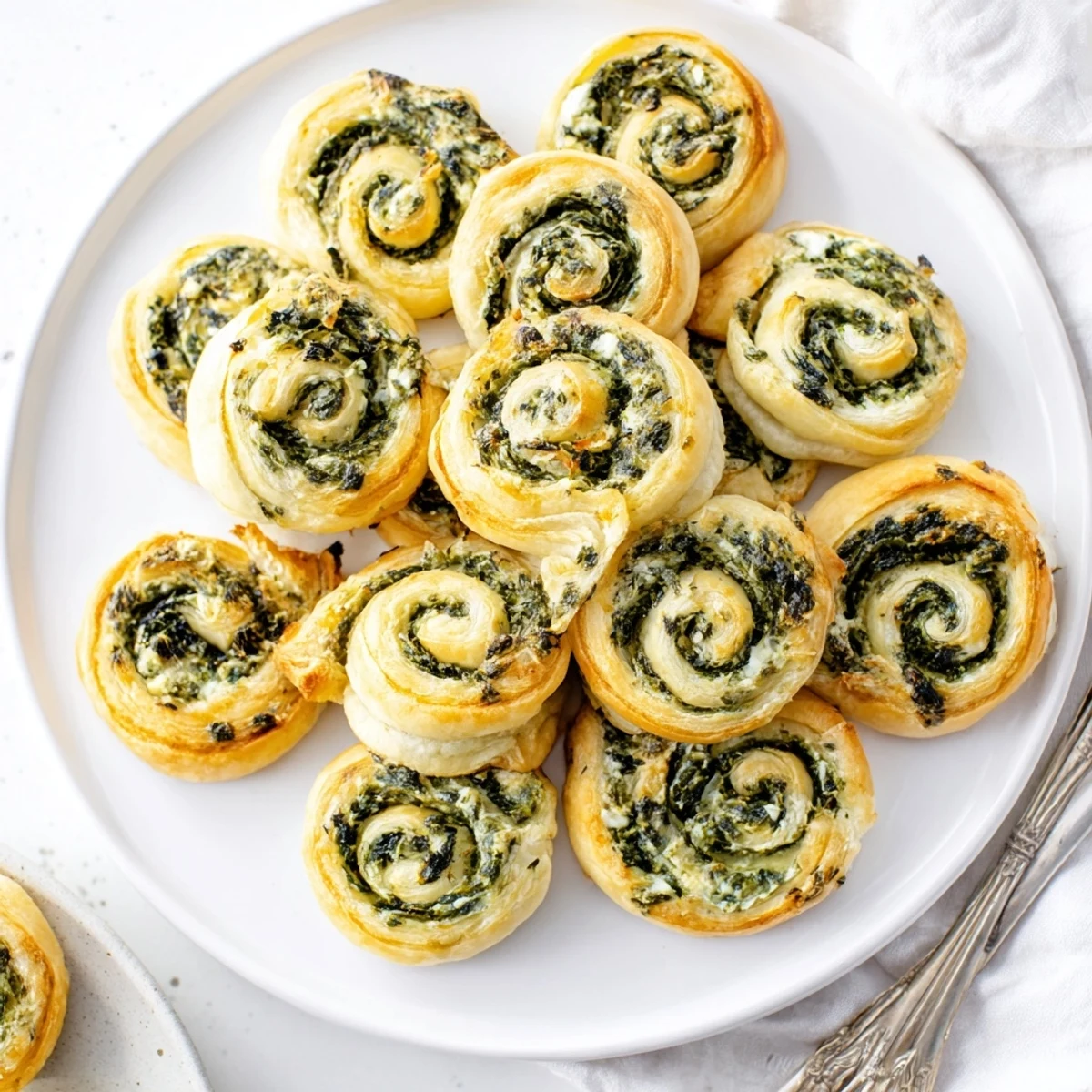 Knusprige Savory Spinach Feta Pinwheel Spirals, goldbraun gebacken, locken mit herzhaftem Aroma.