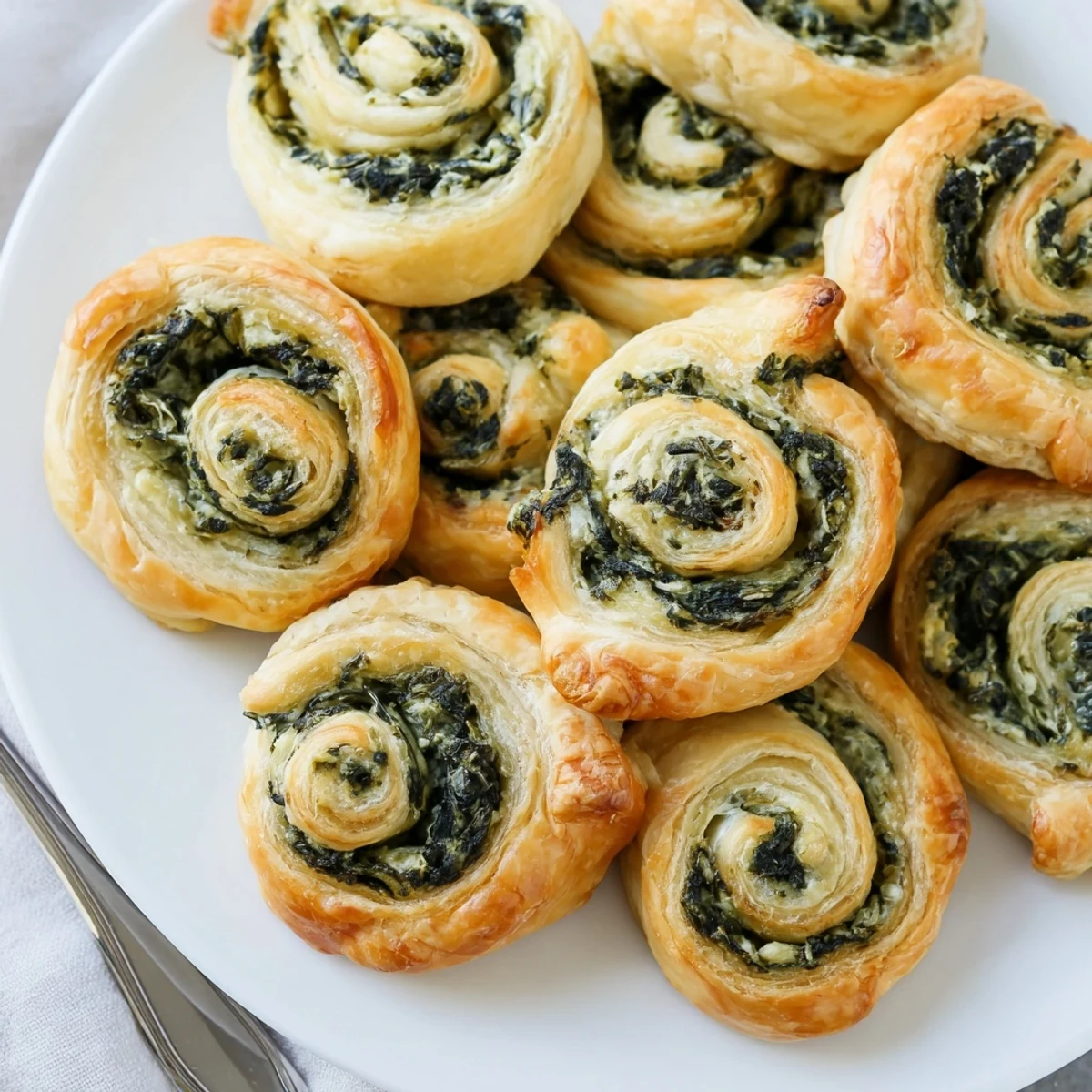 Nahaufnahme von perfekt gerollten Savory Spinach Feta Pinwheel Spirals, servierfertig auf einem Backblech.