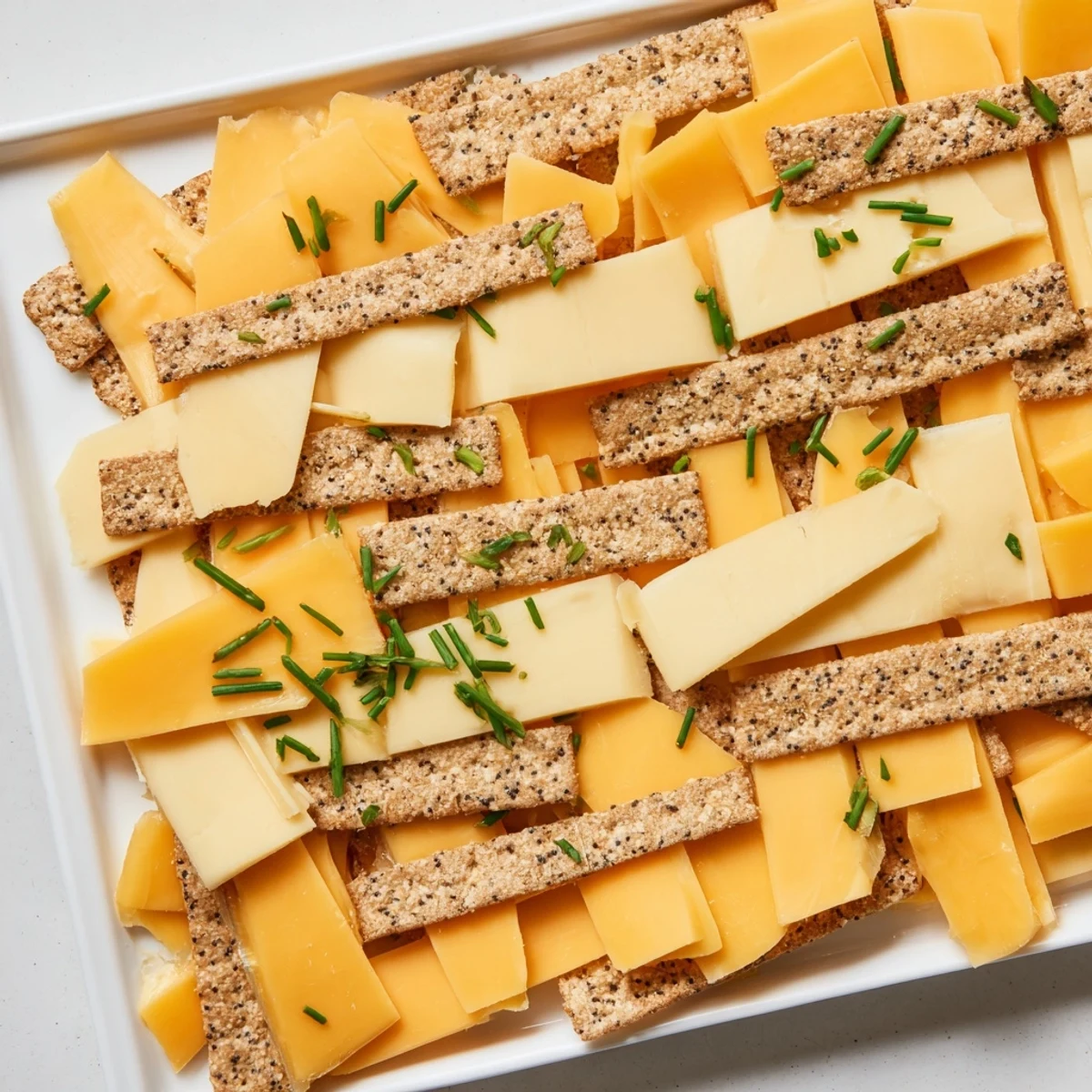 A beautiful Garden Gate Lattice appetizer: a vibrant cheese and cracker lattice, with honey drizzle and poppy seeds.