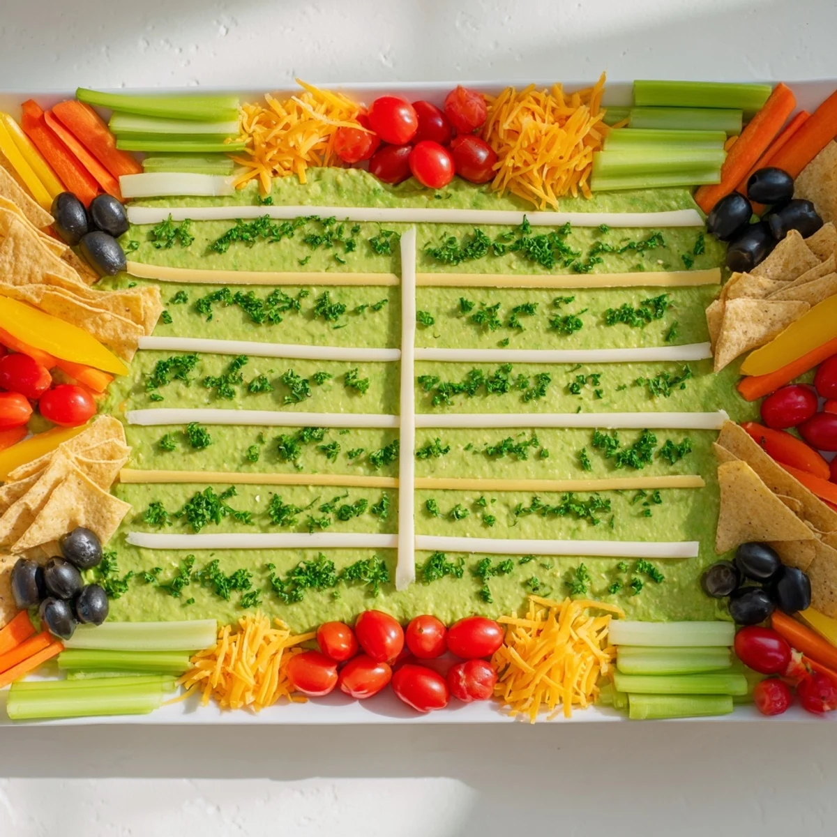 A visually appealing Game Day Football Field Snack Board with guacamole “turf” and white cheese yard lines.