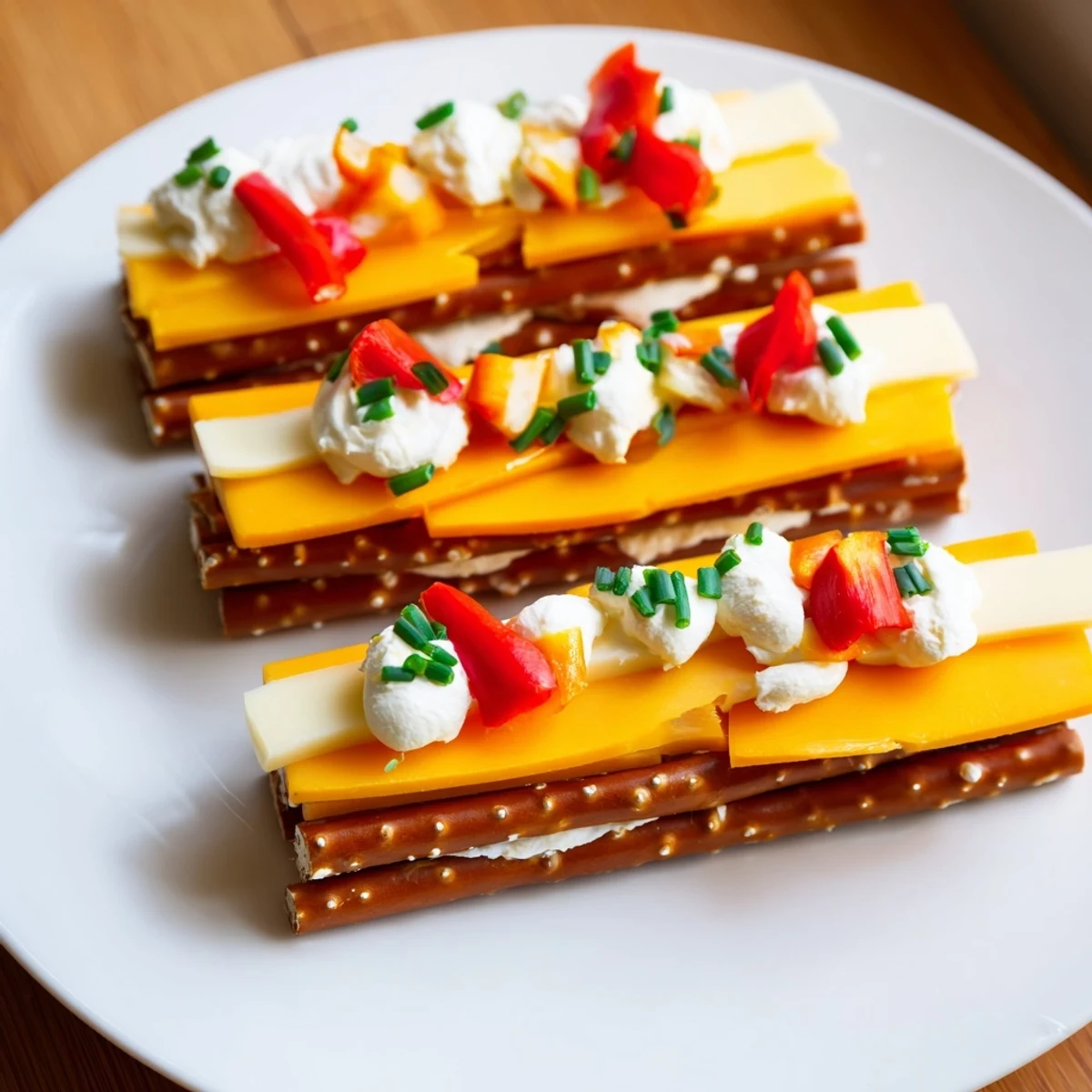 A rustic Log Cabin appetizer, cheese and pretzels stacked as a charming log cabin.