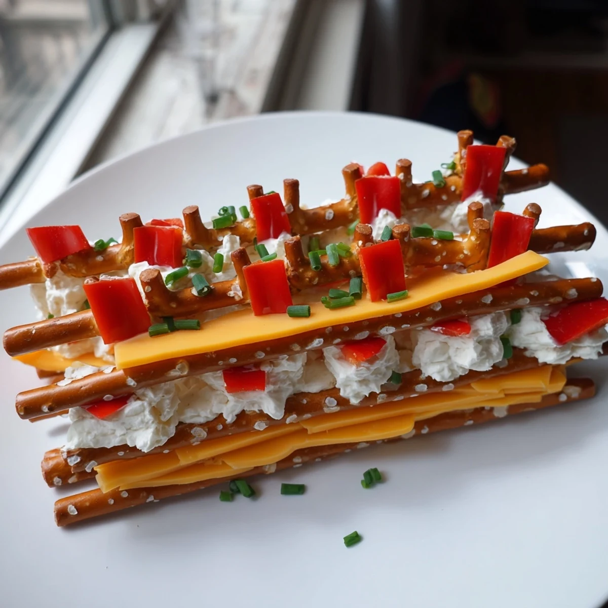 The Log Cabin appetizer: a visually striking, layered creation with cheese and pretzel "logs."