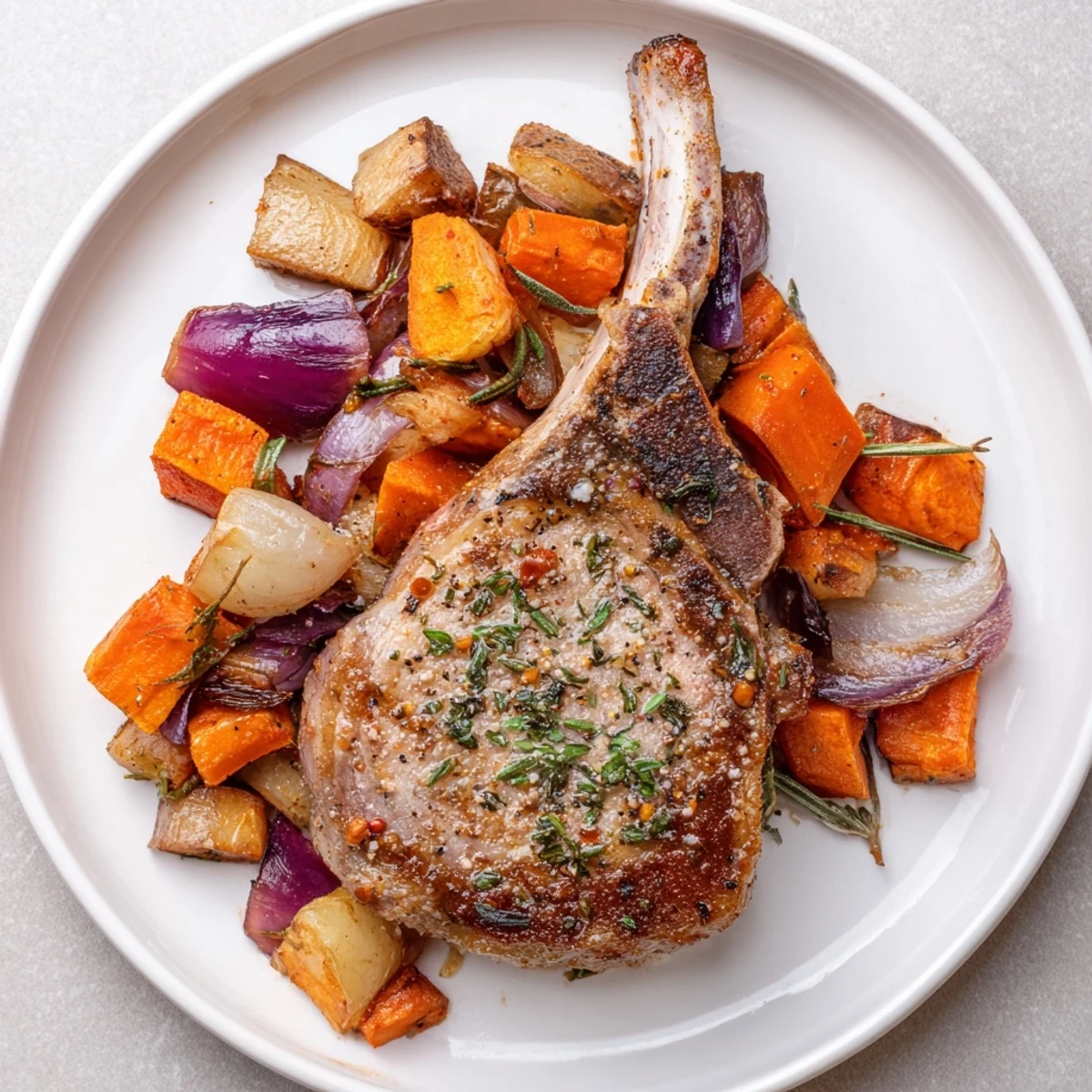 A close-up of The Perfect Sheet Pan Pork Chop & Roasted Root Veggies, showing tender pork and colorful roasted root vegetables.