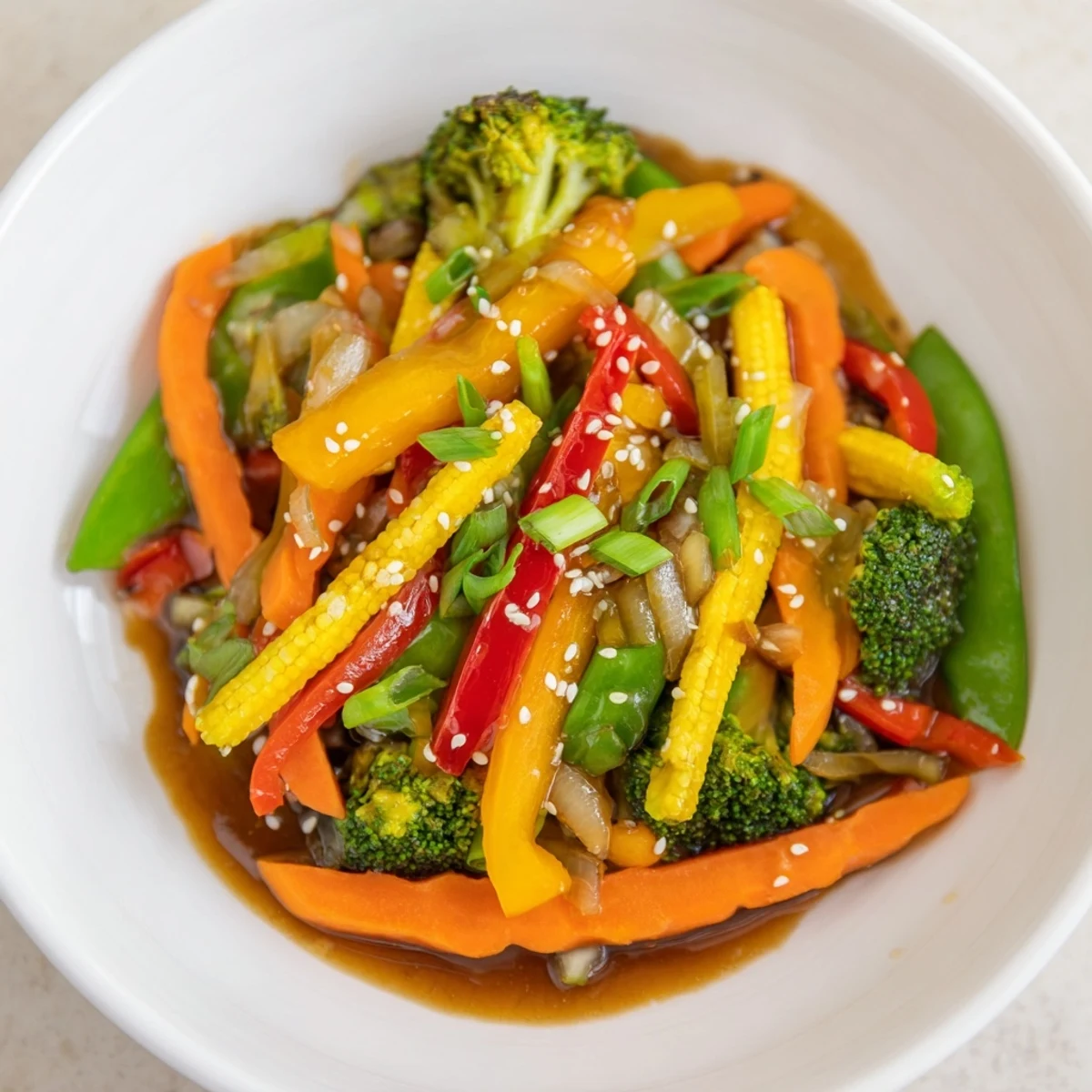 A close-up of the flavorful vegetable stir-fry, a budget-friendly meal with mixed frozen vegetables.