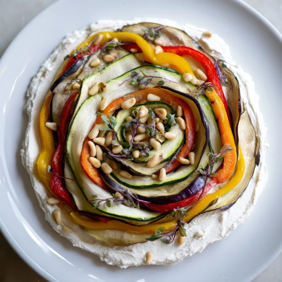 Beautiful presentation of the Snail Shell Spiral appetizer: layered vegetables in a vibrant, artistic spiral.
